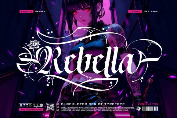Preview specimen of Rebella blackletter font