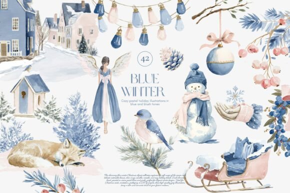 Cozy Blue Winter Watercolor Clipart