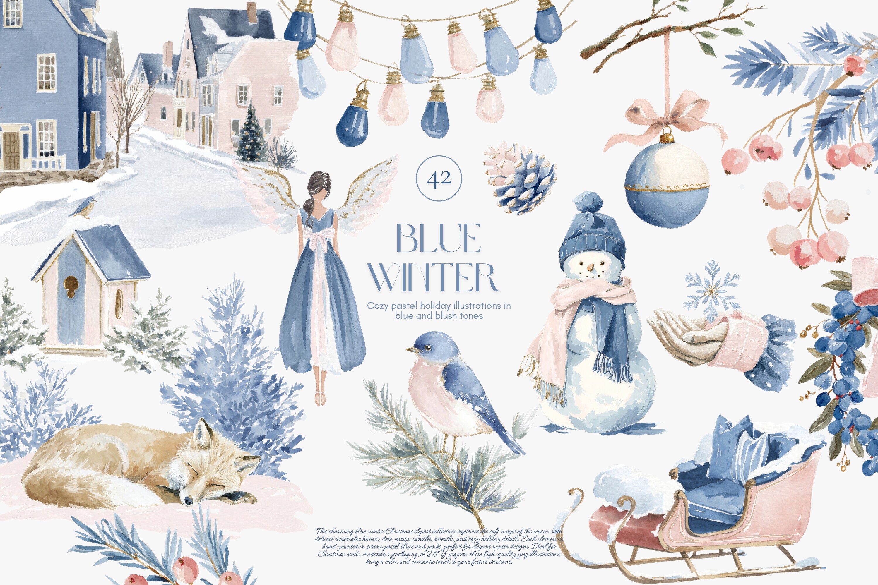 Cozy Blue Winter Watercolor Clipart