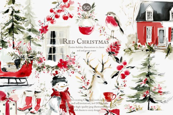 Festive Red Christmas Watercolor Clipart