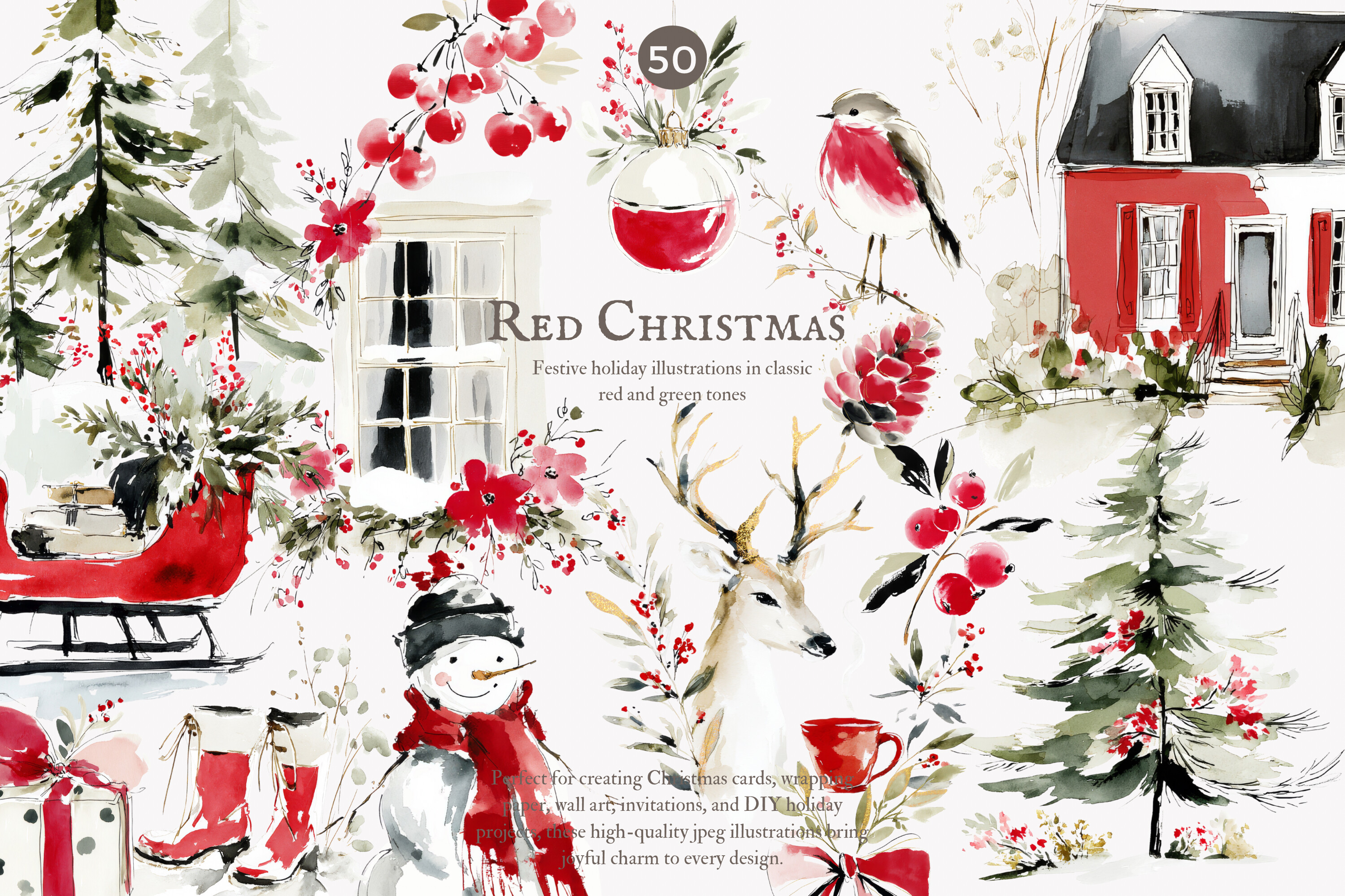 Festive Red Christmas Watercolor Clipart - photo 1