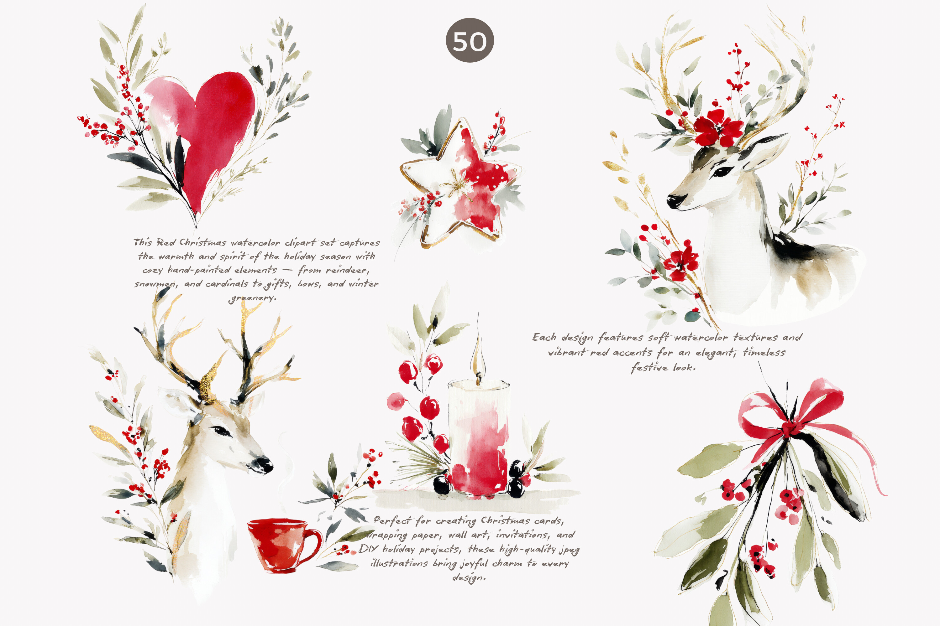 Festive Red Christmas Watercolor Clipart - photo 2
