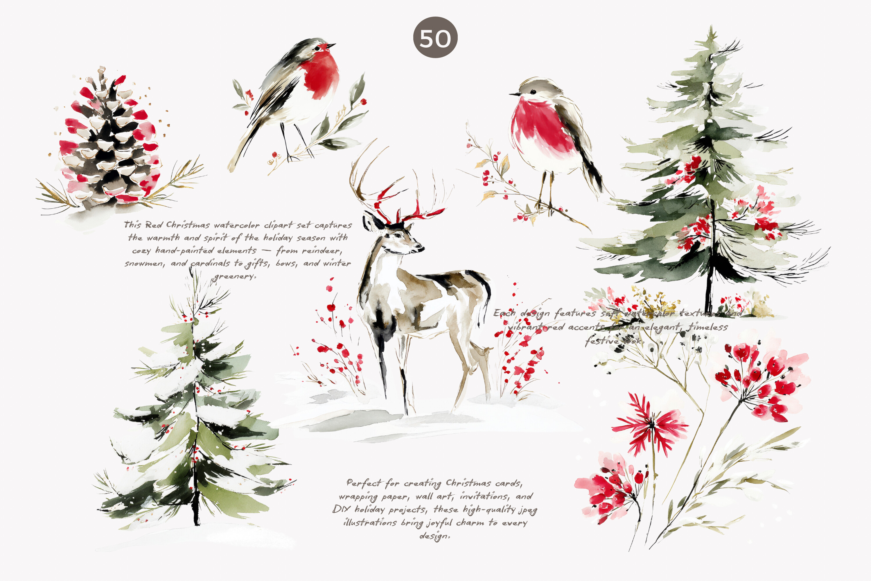 Festive Red Christmas Watercolor Clipart - photo 3