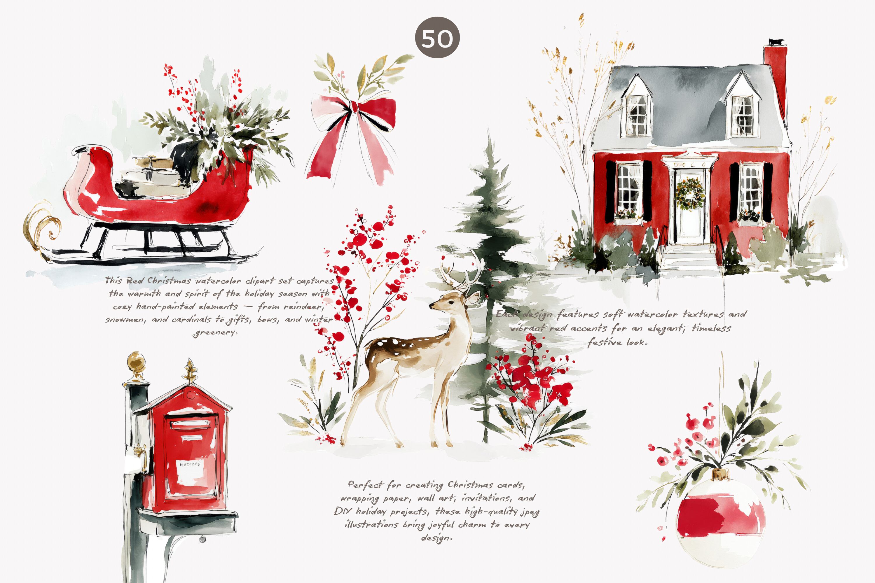 Festive Red Christmas Watercolor Clipart - photo 4