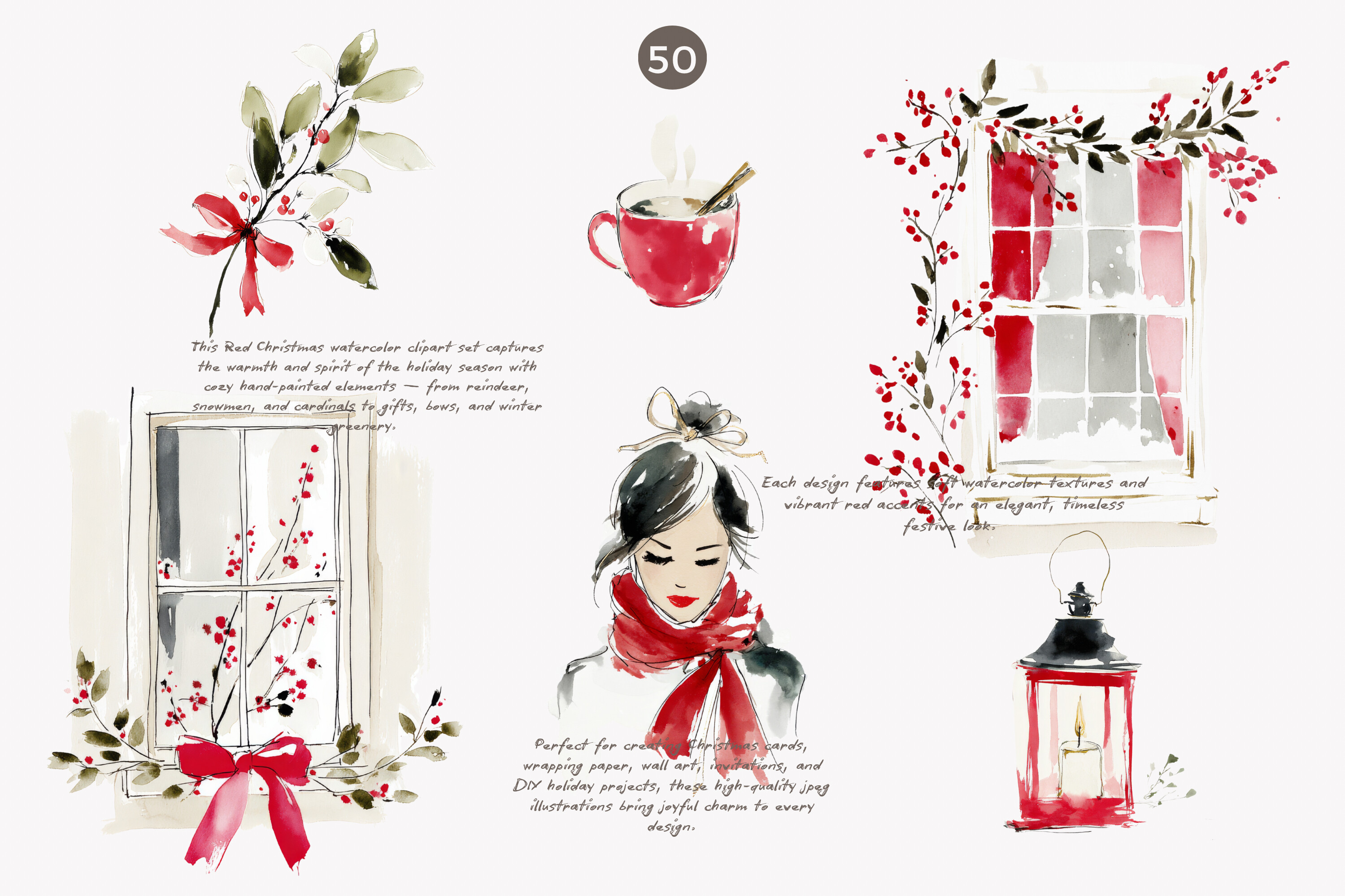 Festive Red Christmas Watercolor Clipart - photo 5