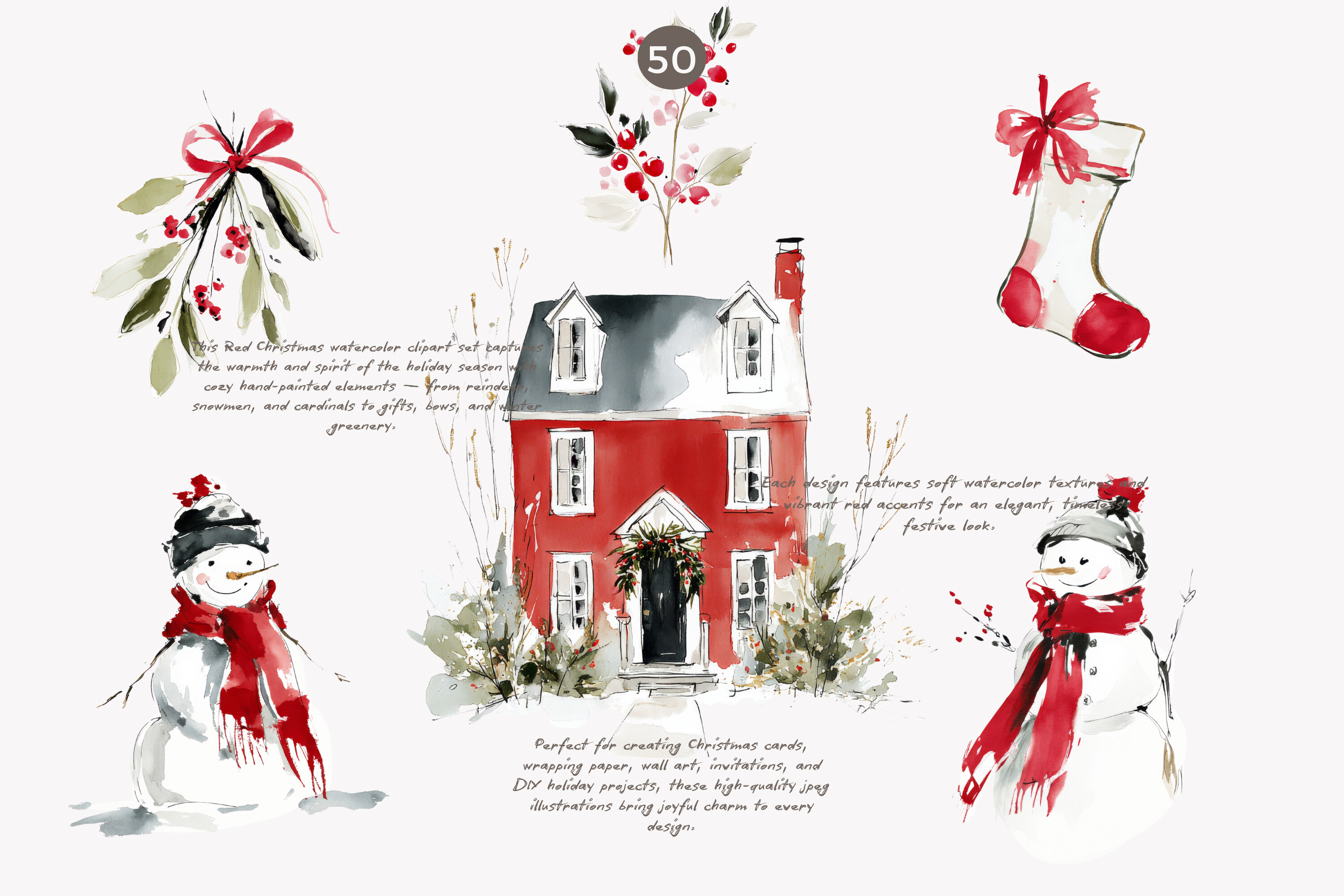 Festive Red Christmas Watercolor Clipart - photo 6