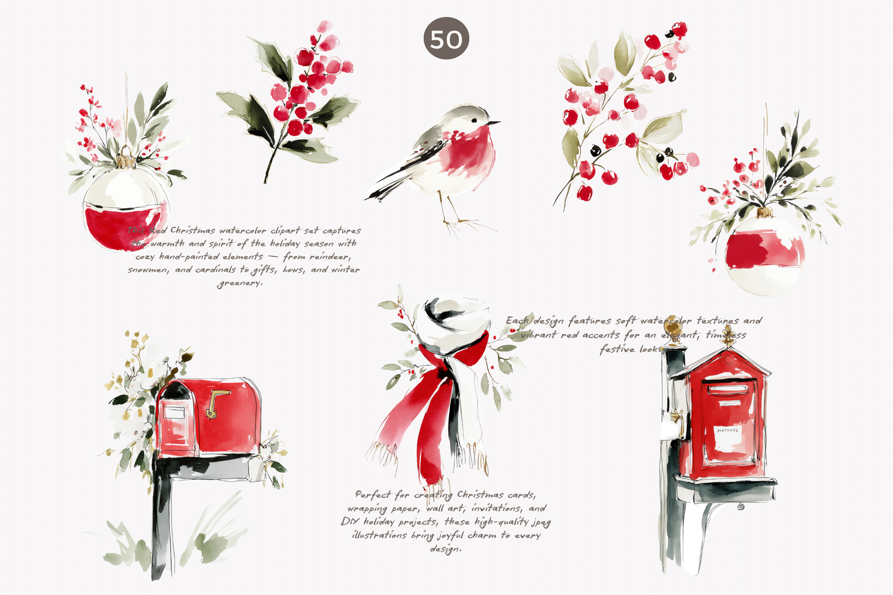 Festive Red Christmas Watercolor Clipart - photo 7