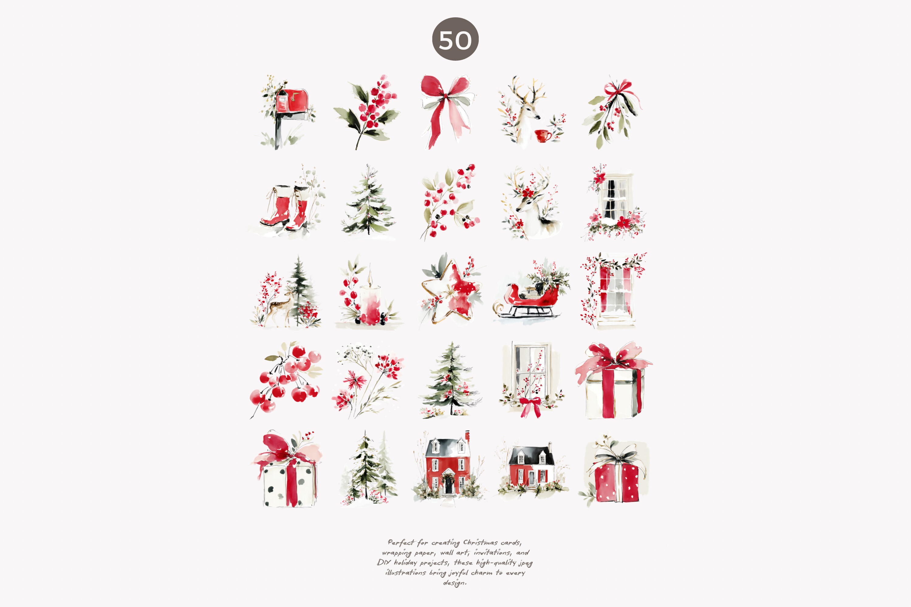 Festive Red Christmas Watercolor Clipart - photo 8