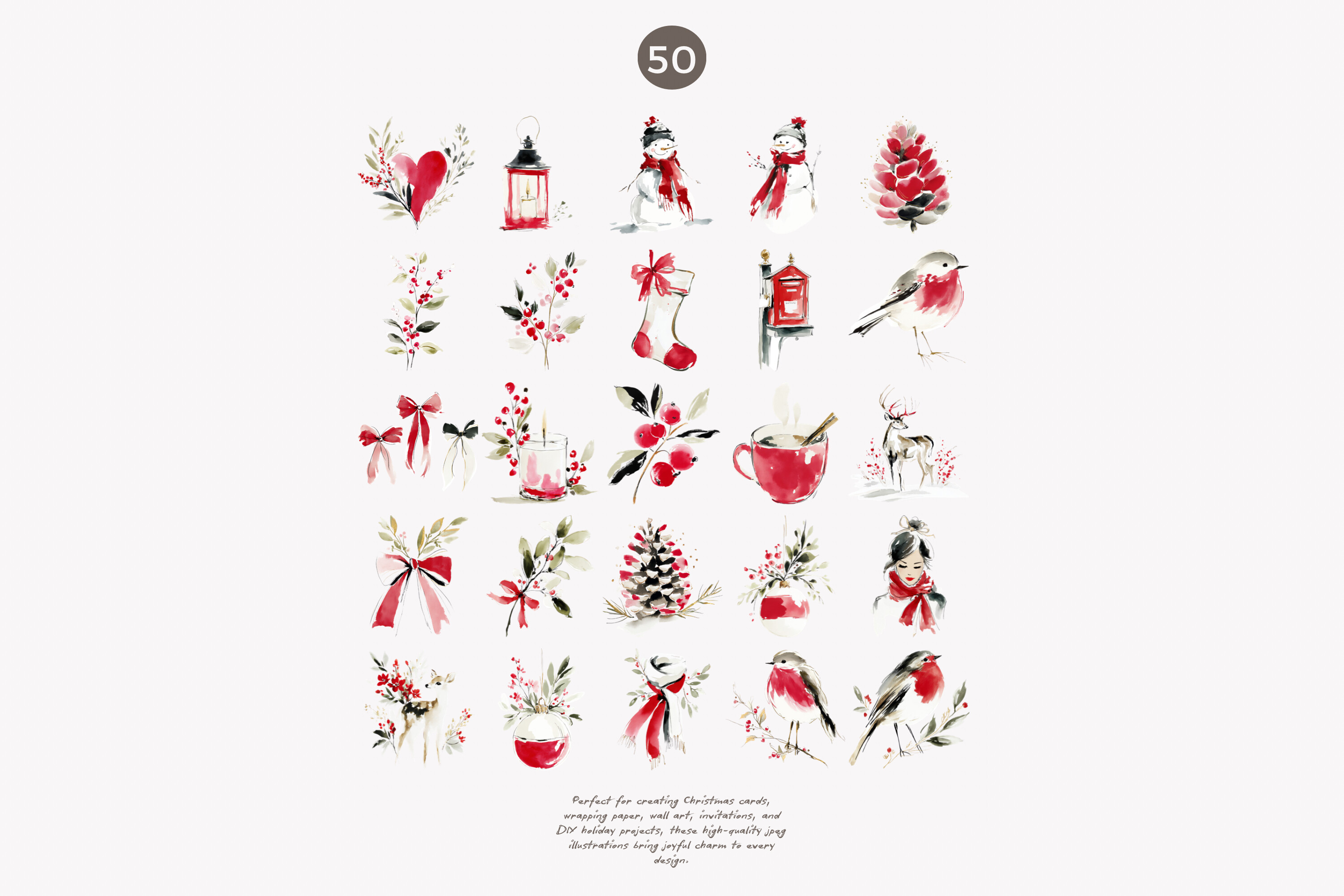 Festive Red Christmas Watercolor Clipart - photo 9