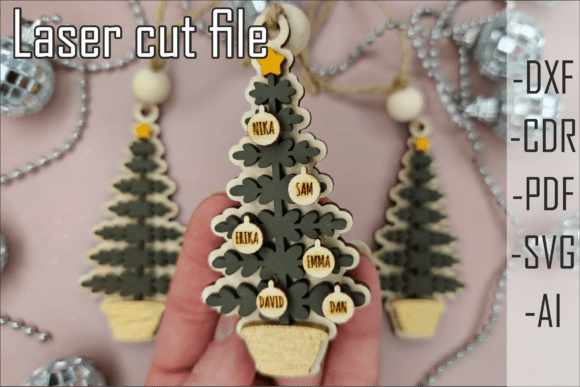 Christmas Tree with Name Ornaments SVG laser cut file