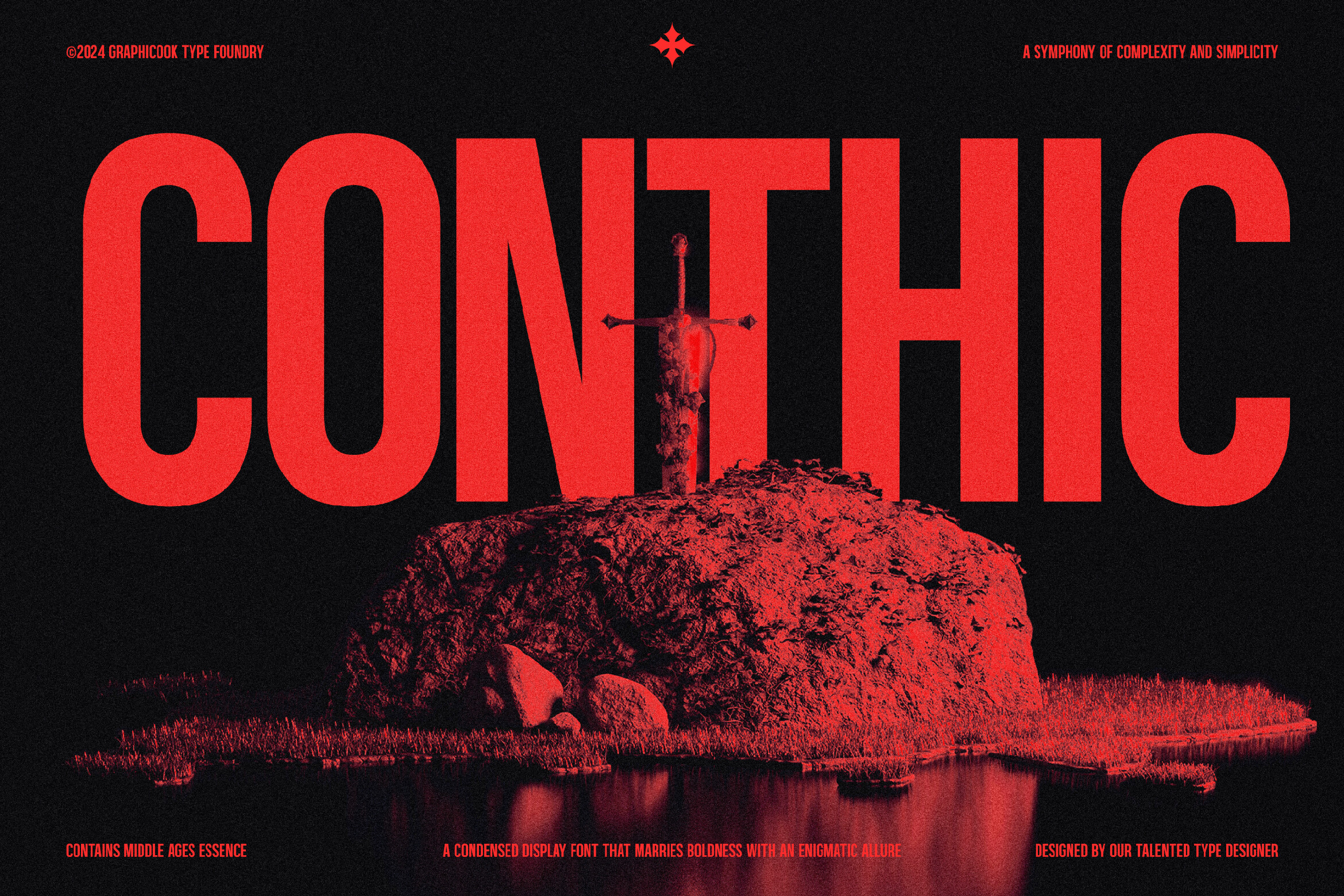 Conthic font preview, condensed decorative gothic typeface