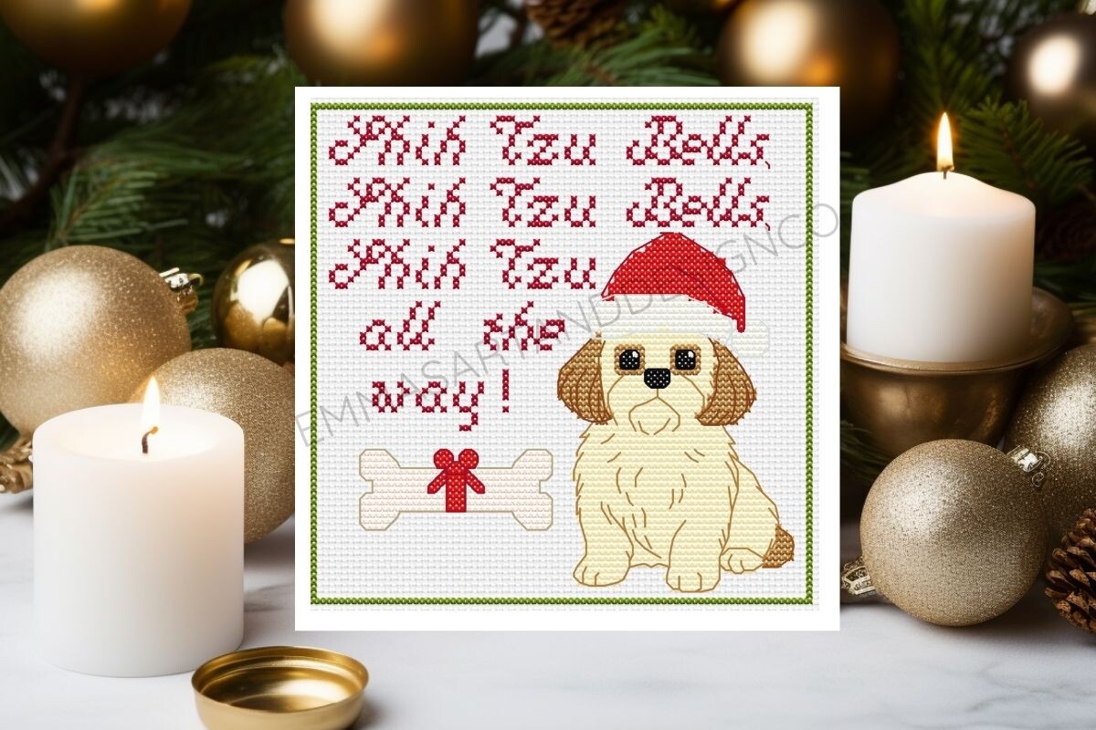 Shih Tzu Christmas Cross Stitch Card Pat