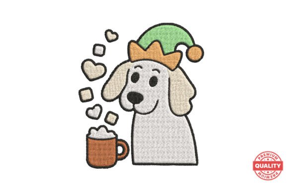 Christmas dog with hot cocoa embroidery design for cozy holiday tee and tumbler bestseller