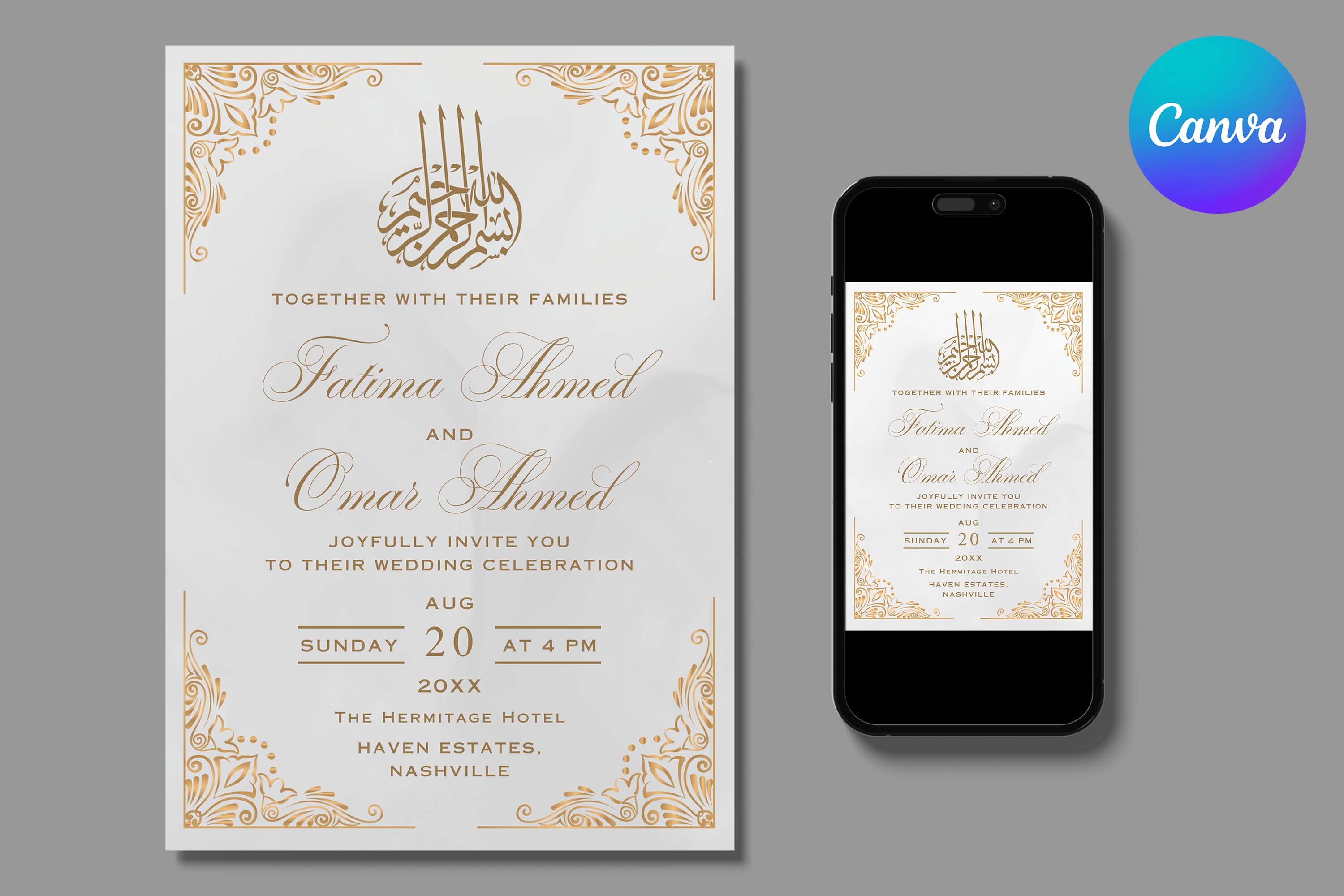Gold Cream Islamic Wedding Canva Invite