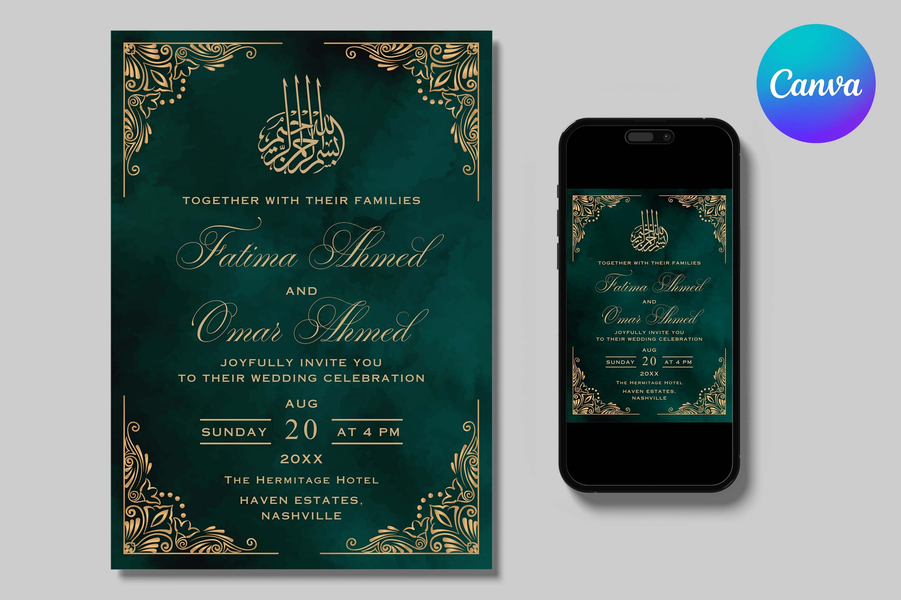Gold Green Islamic Wedding Canva Invite