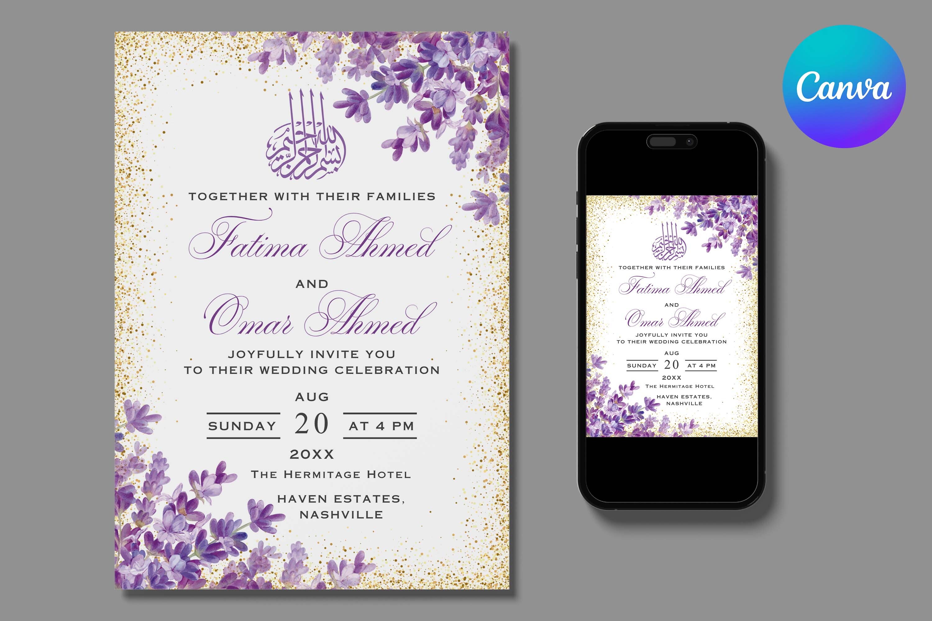 Gold Lavender Islamic Wedding Invitation