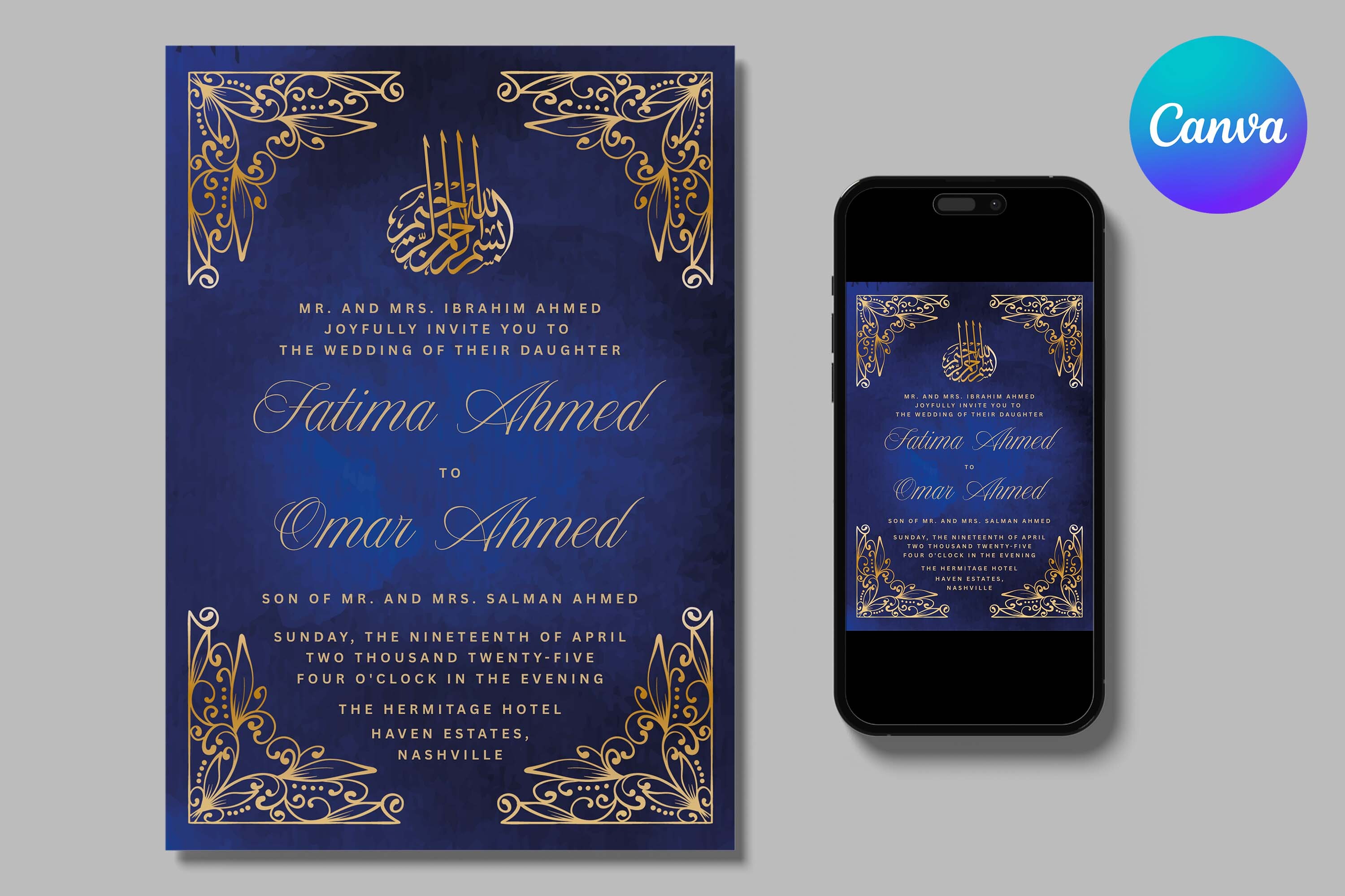 Gold Ornate Blue Islamic Wedding Invite