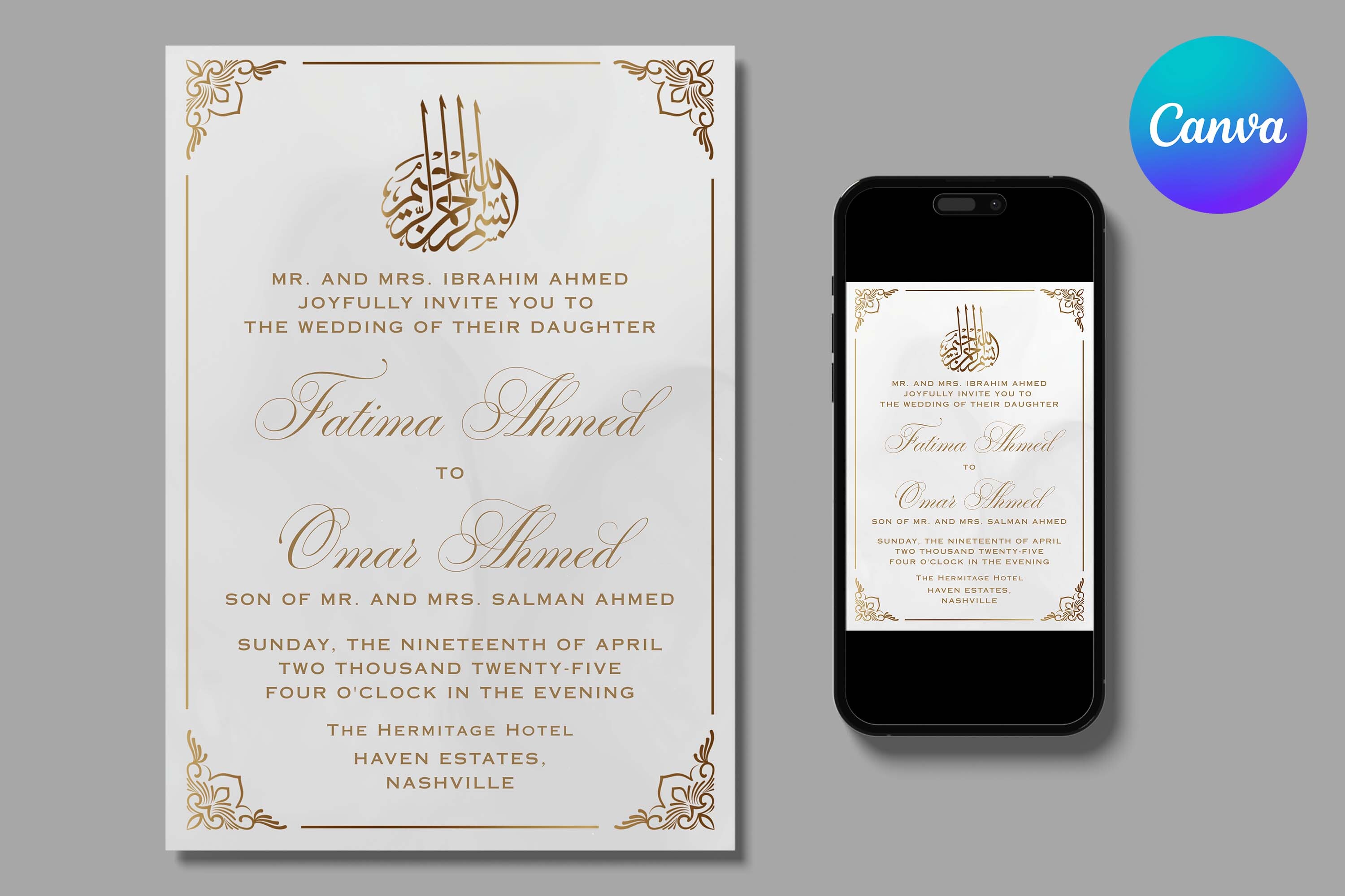 Gold Ornate Islamic Wedding Canva Invite