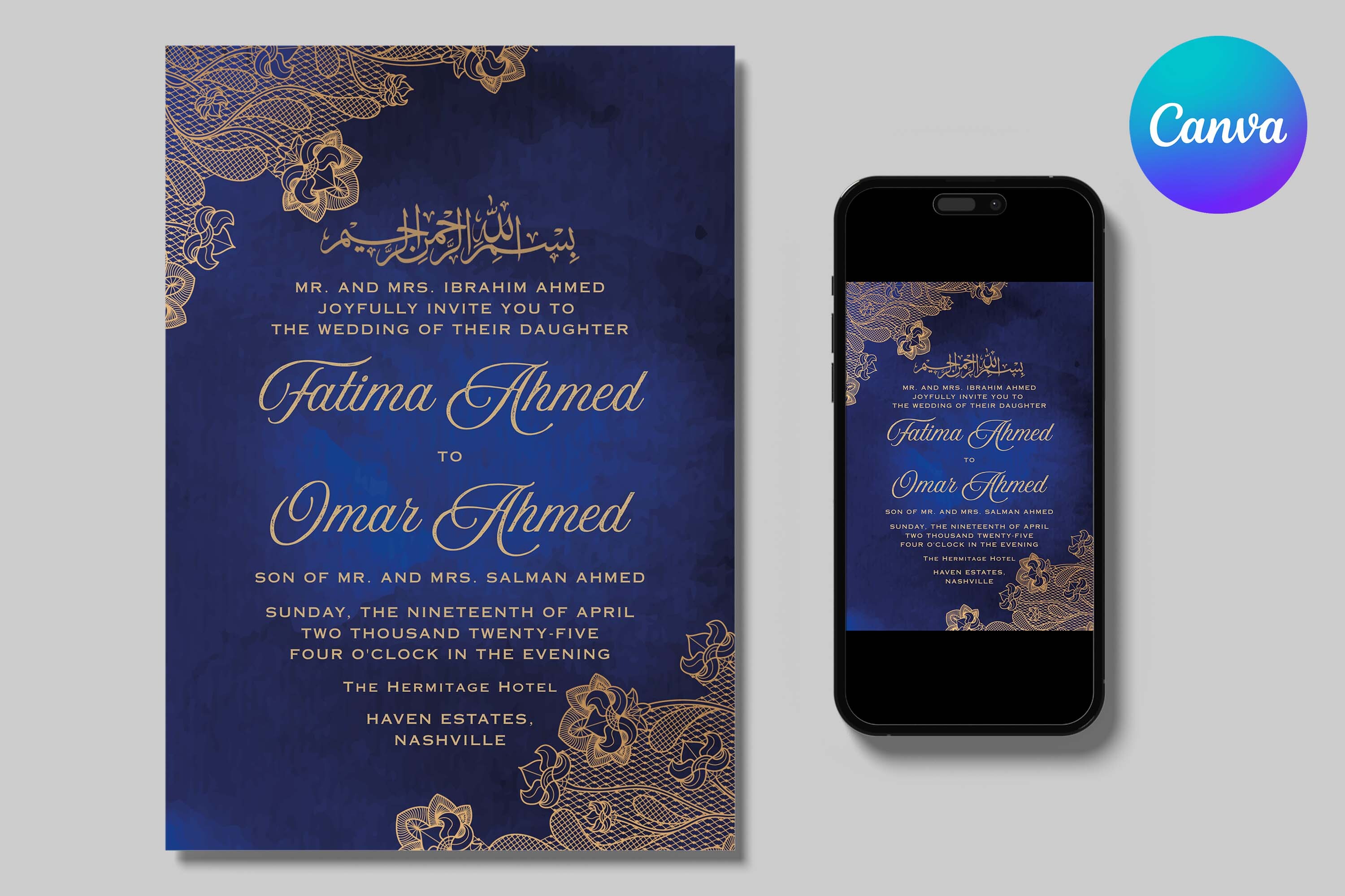 Lace Blue Islamic Wedding Canva Invite