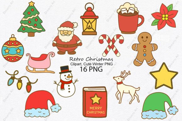 Retro Christmas Clipart, Cute Winter PNG