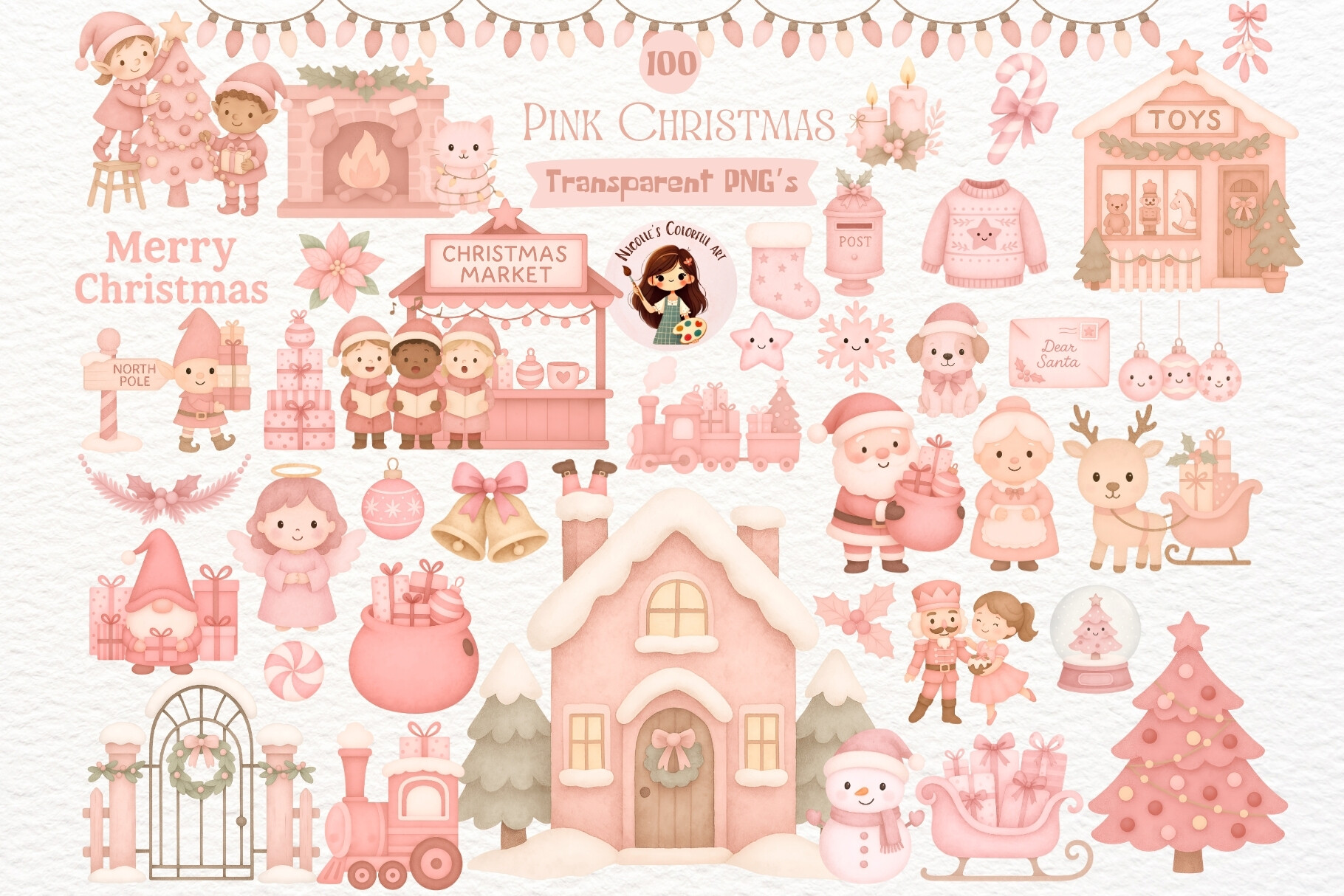 Watercolor Pink Christmas Clipart Bundle - photo 1