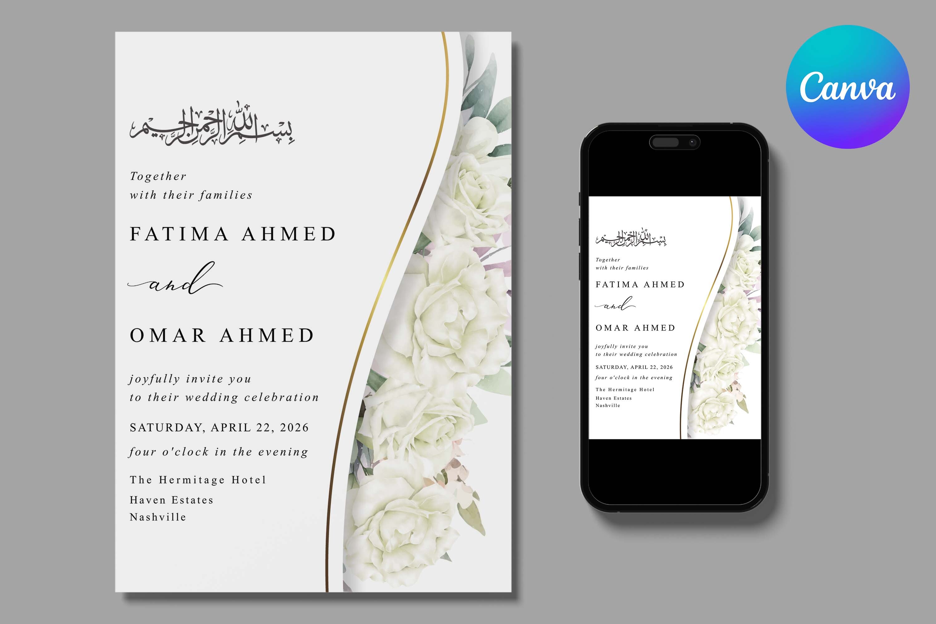 White Flowers Islamic Wedding Invitation