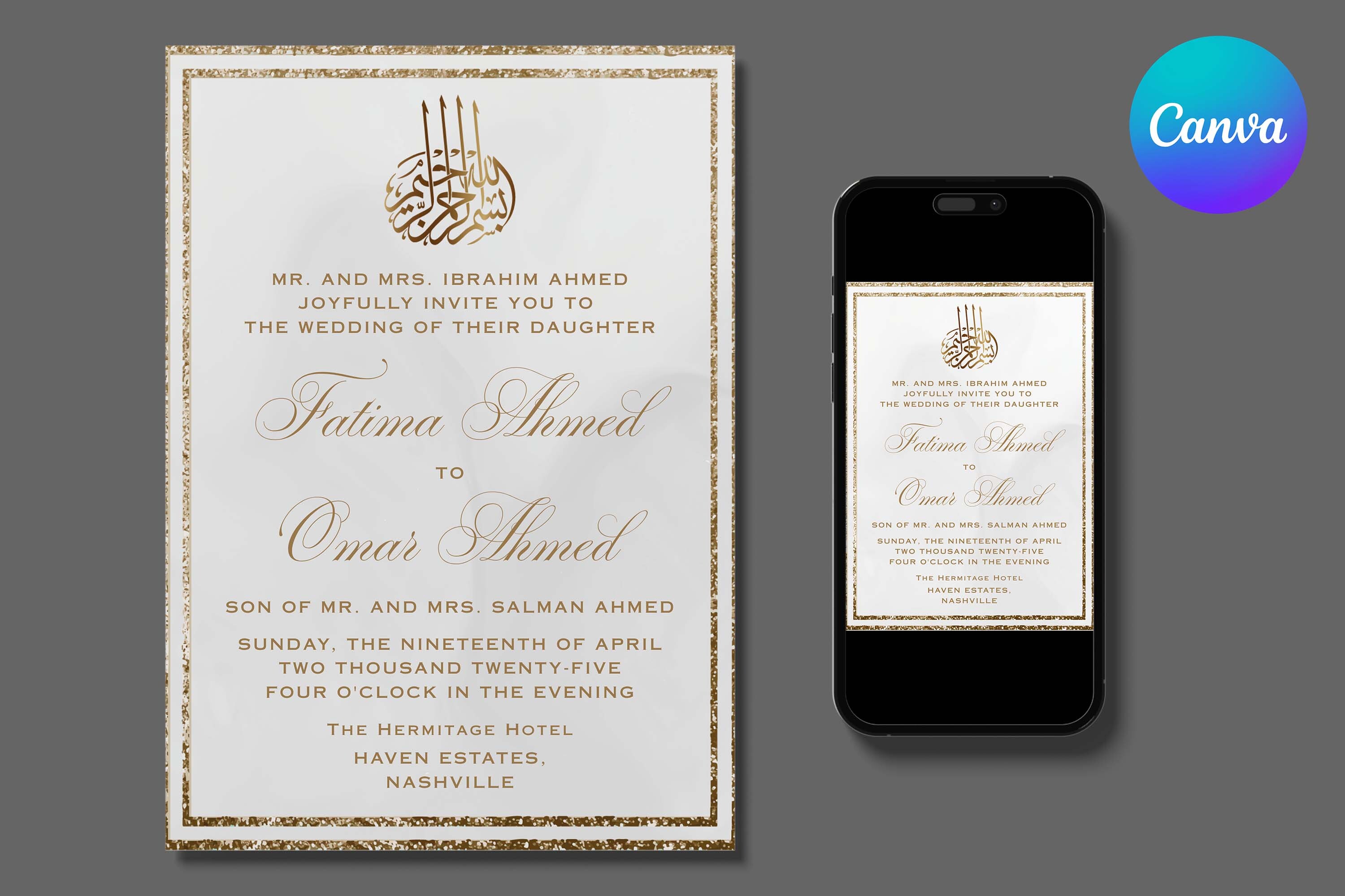 Gold Glitter Islamic Wedding Invitation