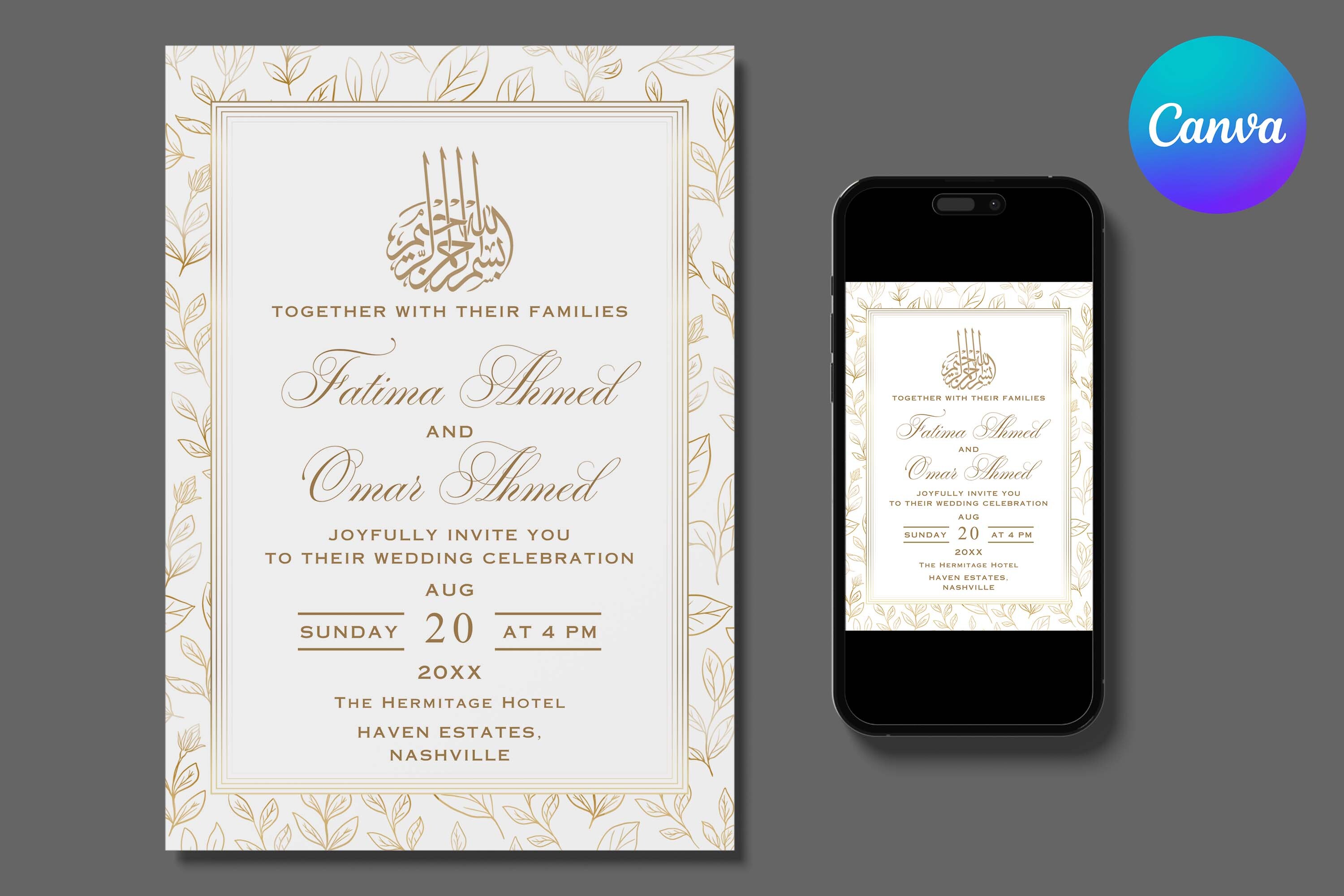 Gold Leaves Islamic Wedding Invitation