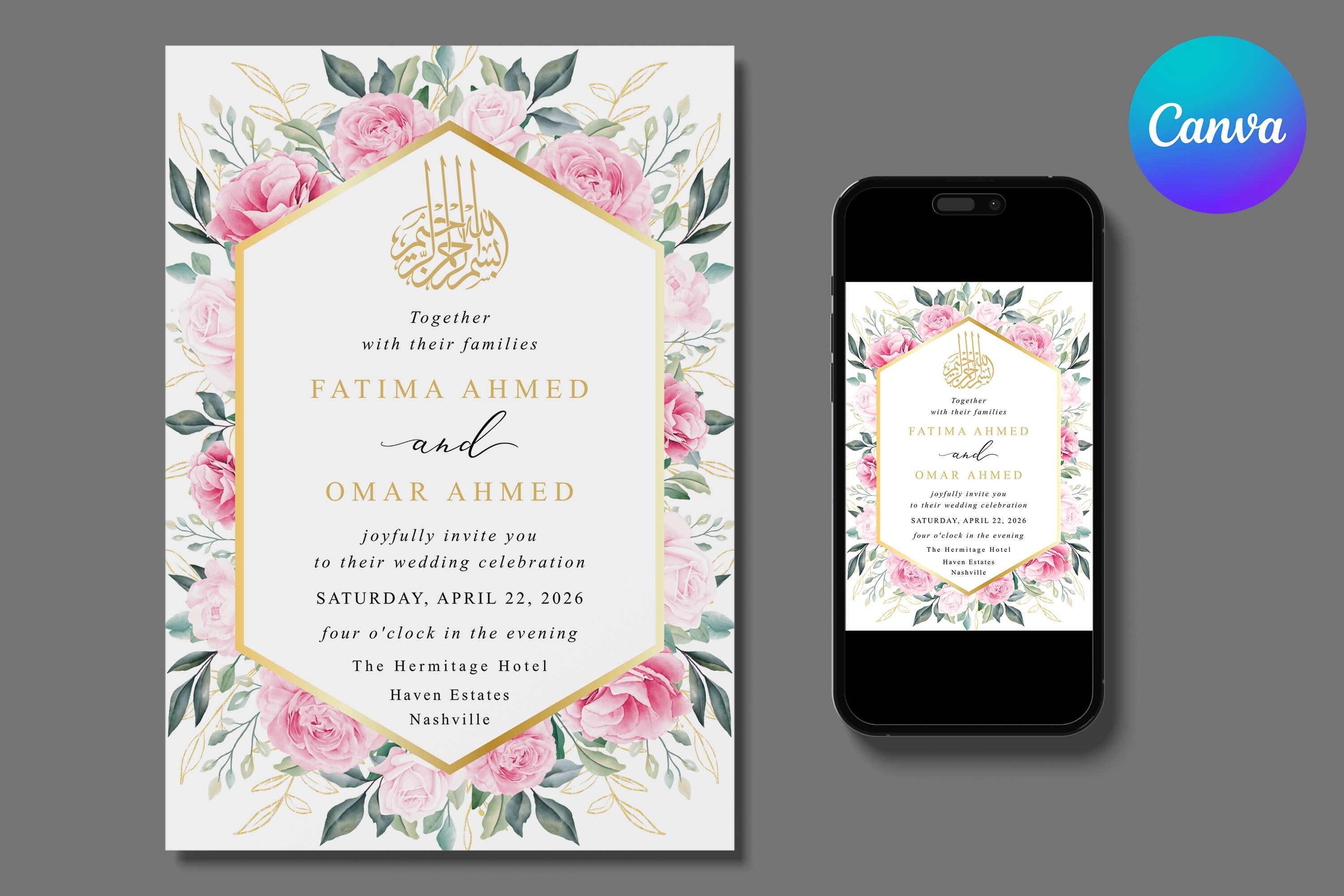 Pink Floral Leaf Islamic Wedding Invite