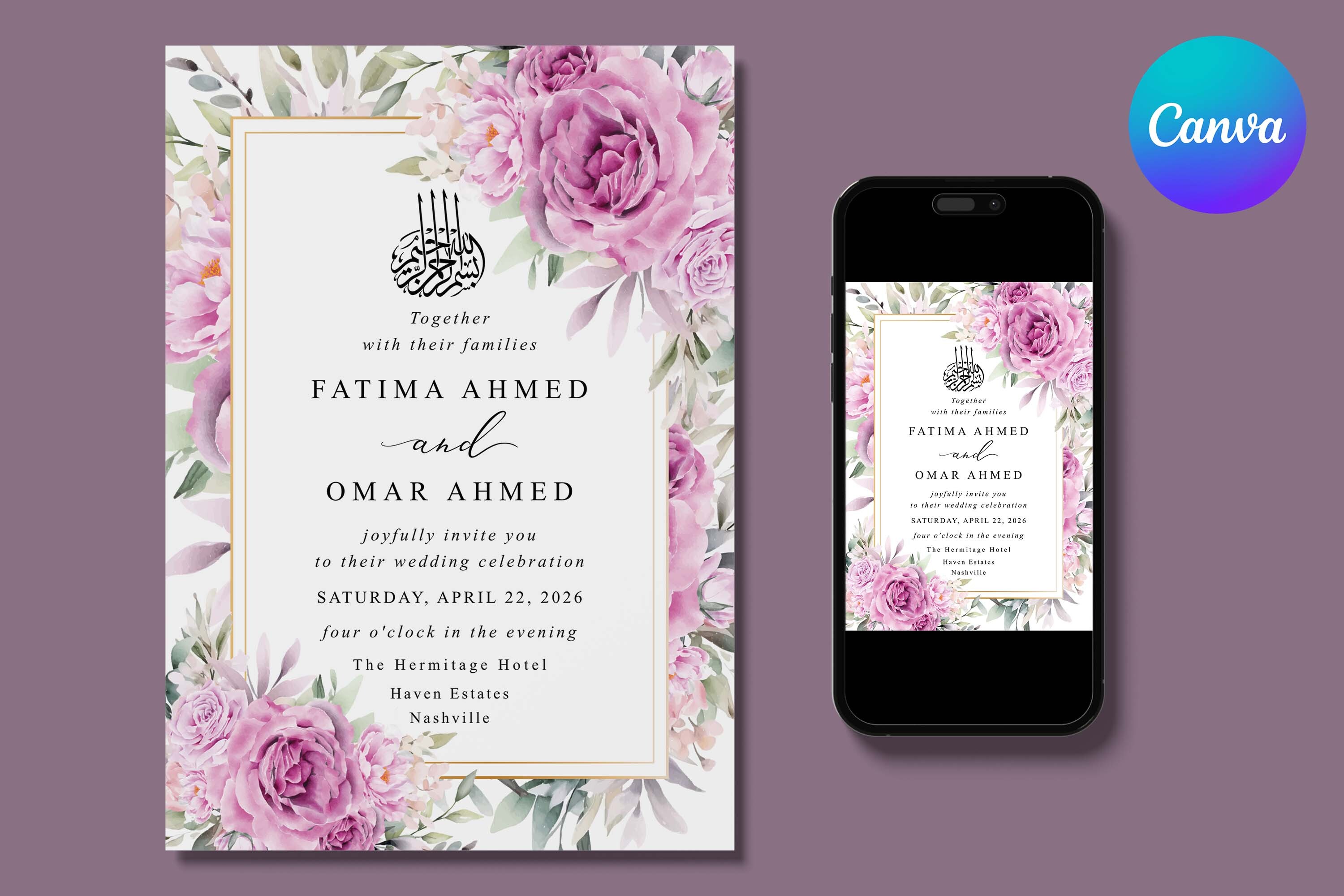 Purple Floral Muslim Wedding Invitation