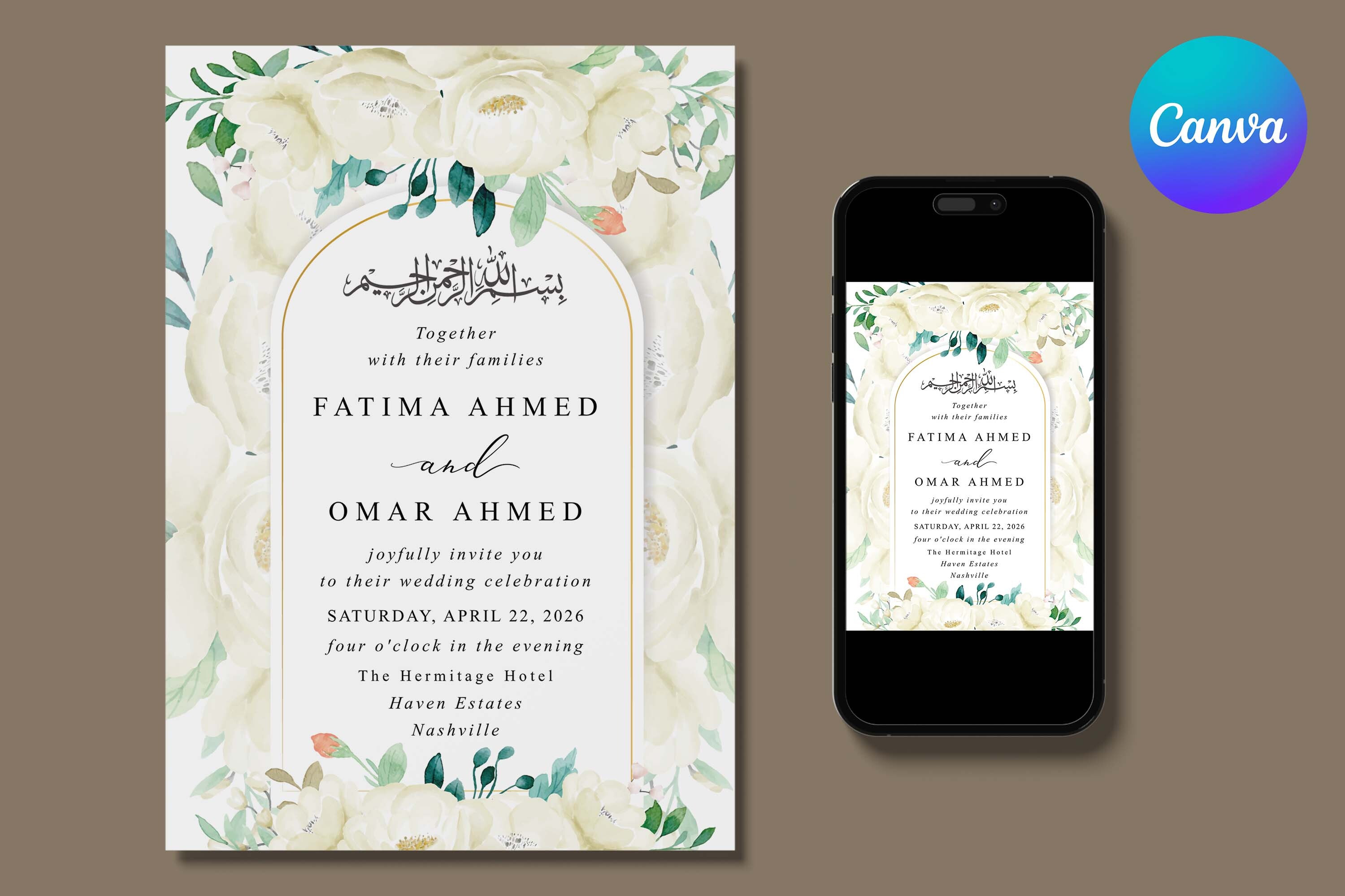 White Floral Muslim Wedding Invitation