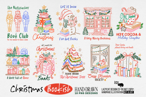 Christmas Bookish Hand-Drawn PNG Bundle