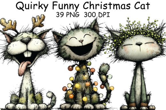Quirky Funny Christmas Cat Clipart for holiday tees and mugs