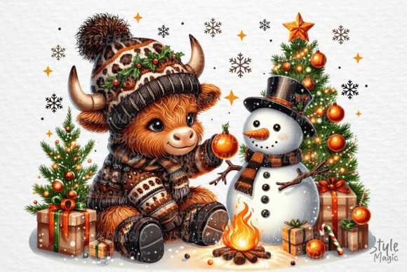 Christmas Cute Snowman Highland Cow Png Graphics