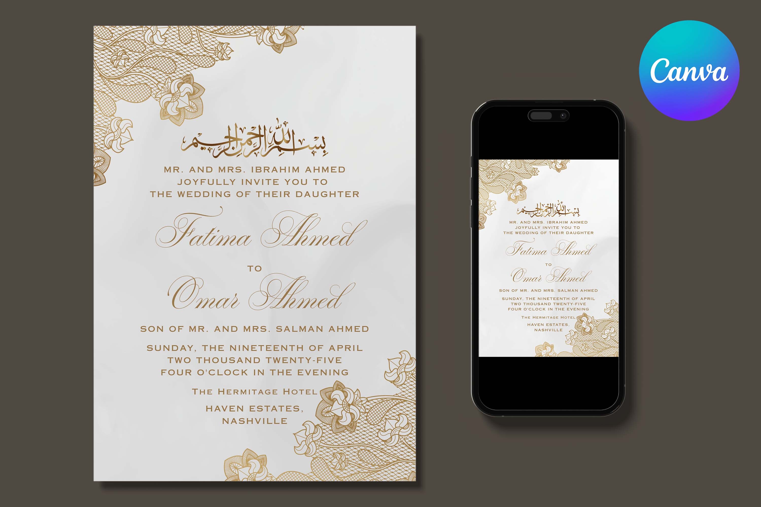 Gold Lace Cream Muslim Wedding Invite