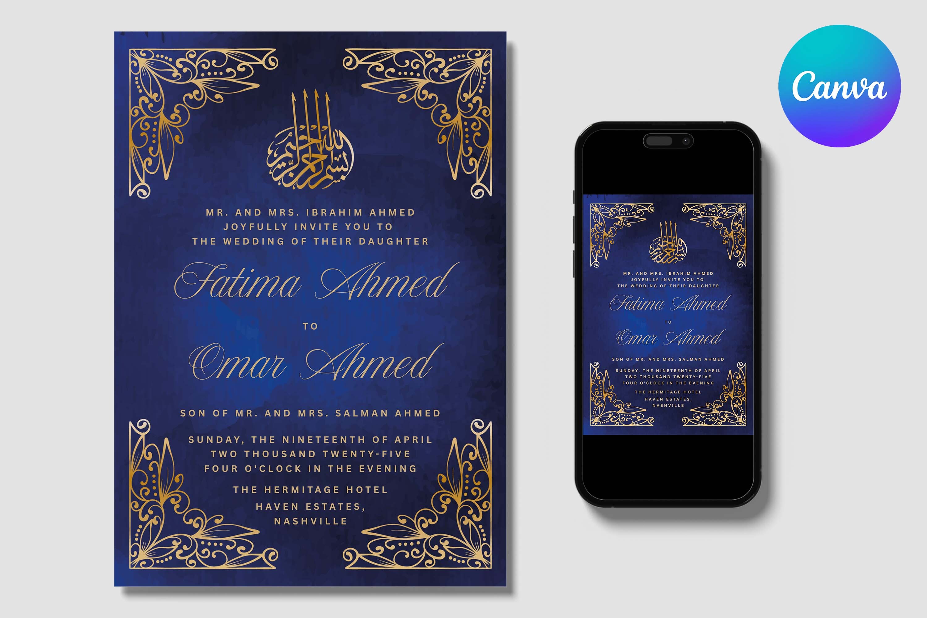 Gold Ornate Blue Islamic Wedding Invite