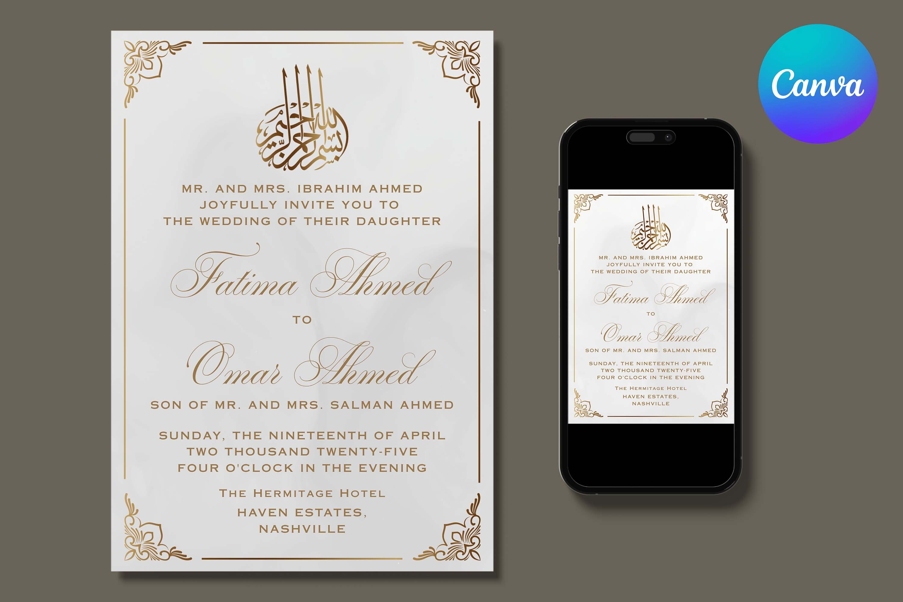 Gold Ornate Cream Muslim Wedding Invite