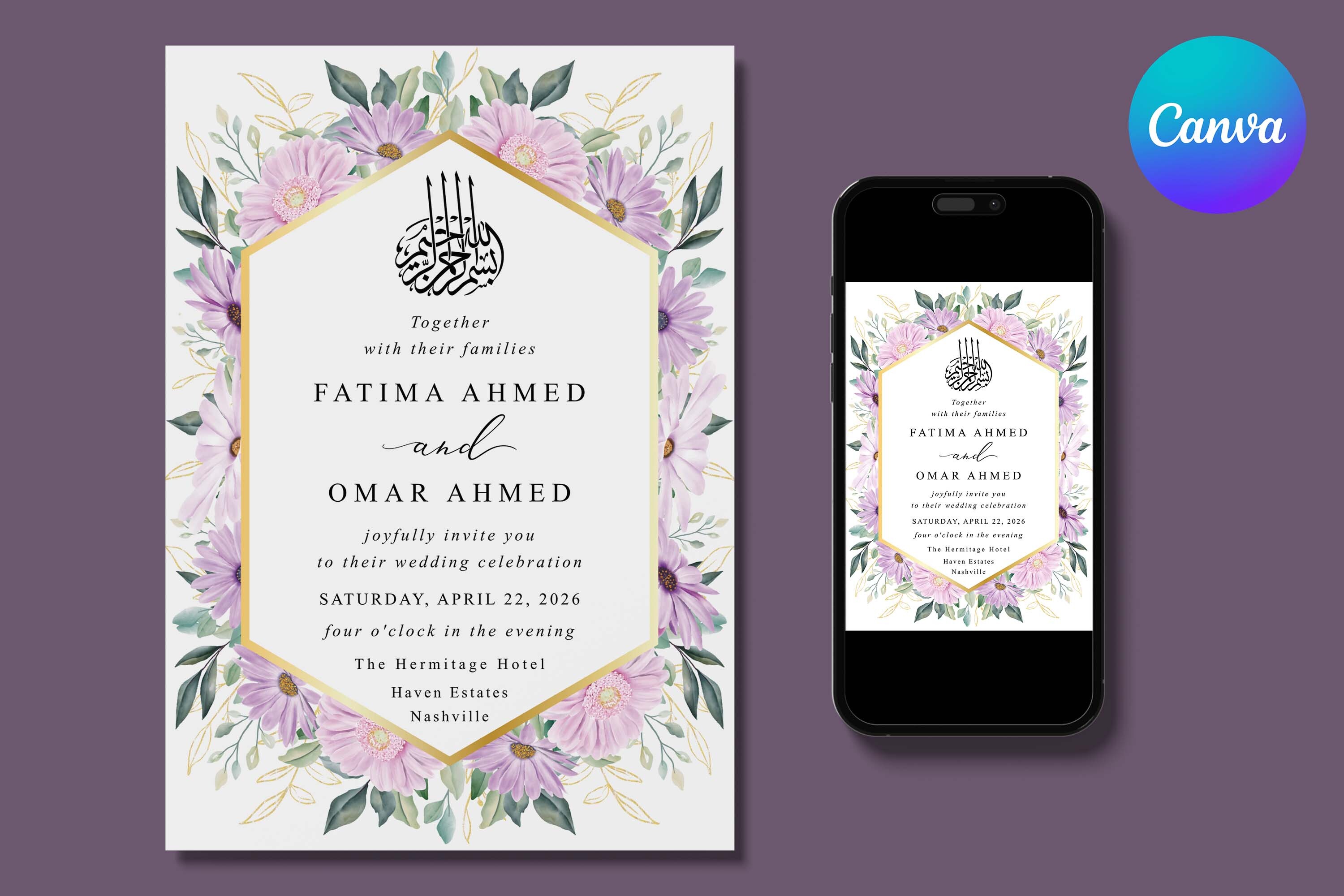 Purple Floral Leaf Muslim Wedding Invite