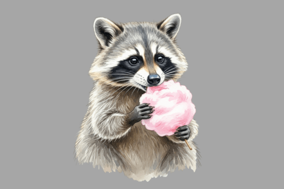 Watercolor Raccoon Eating Fluffy Pink Gráfico Ilustraciones Imprimibles Por jfakhan1971