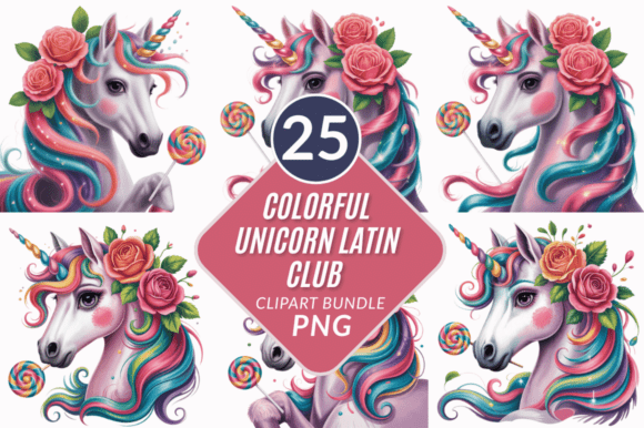 Colorful Unicorn Latin Club PNG Bundle Graphic Illustrations By Graphics Expert