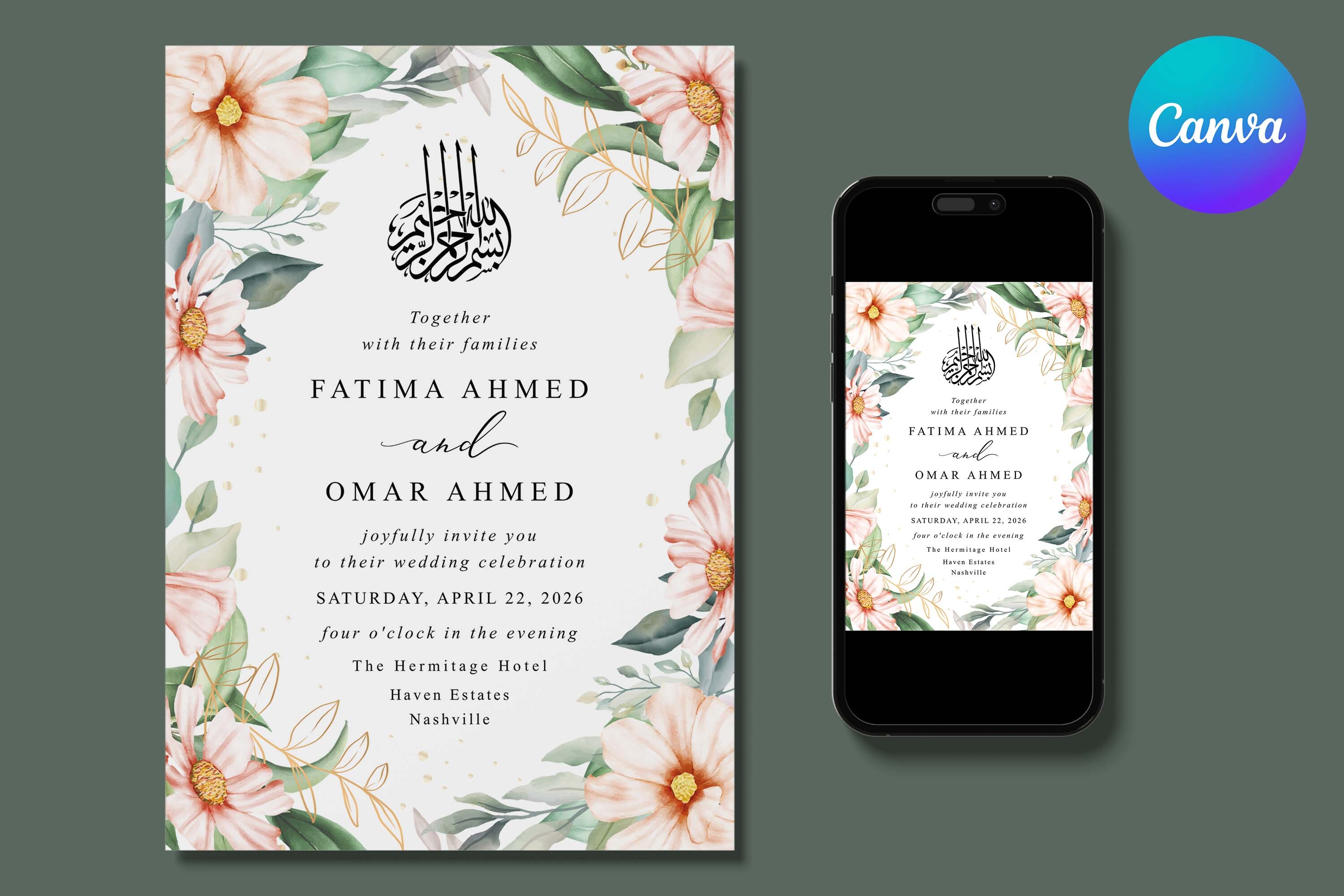 Orange Roses Islamic Wedding Invitation