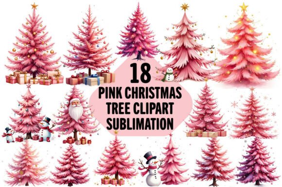 Pink Christmas Tree Clipart Bundle