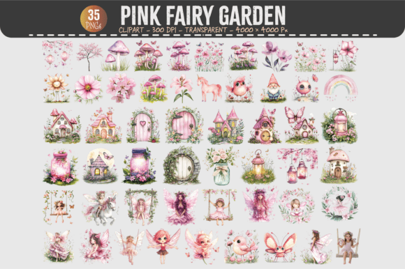 Pink Fairy Garden Clipart – 35 PNGs Graphic AI Transparent PNGs By digitalarthome41