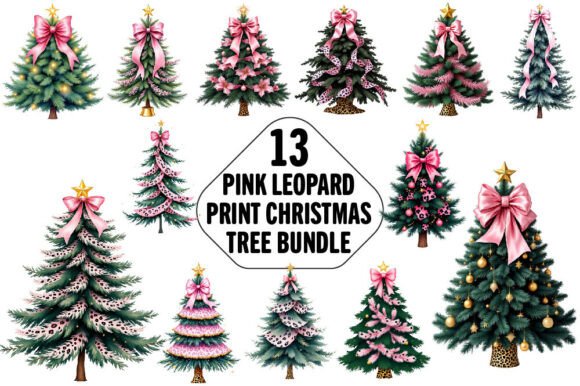 Pink Leopard Christmas Tree Clipart Set