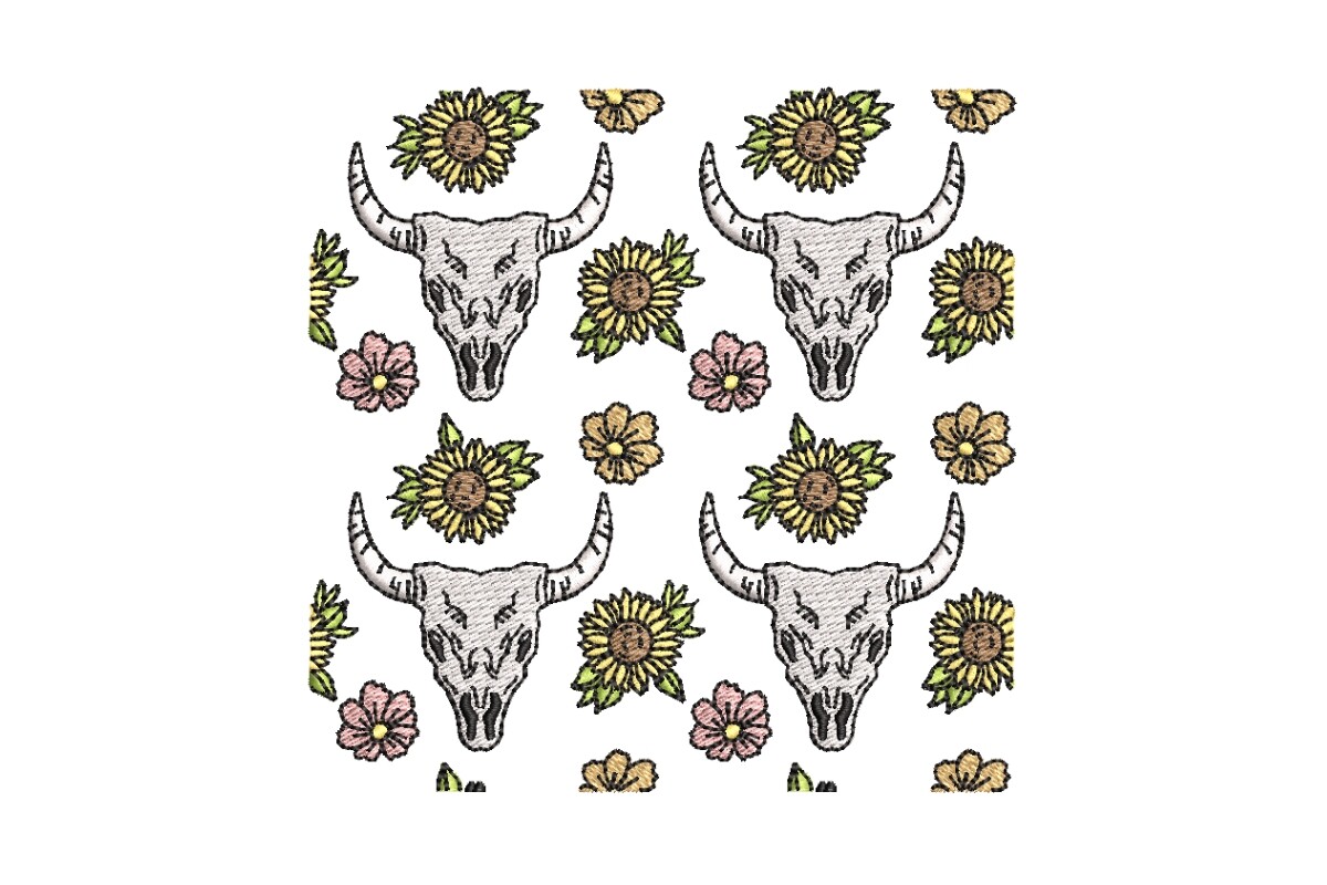 Western Skull and Flowers Repeating Embroidery Pattern