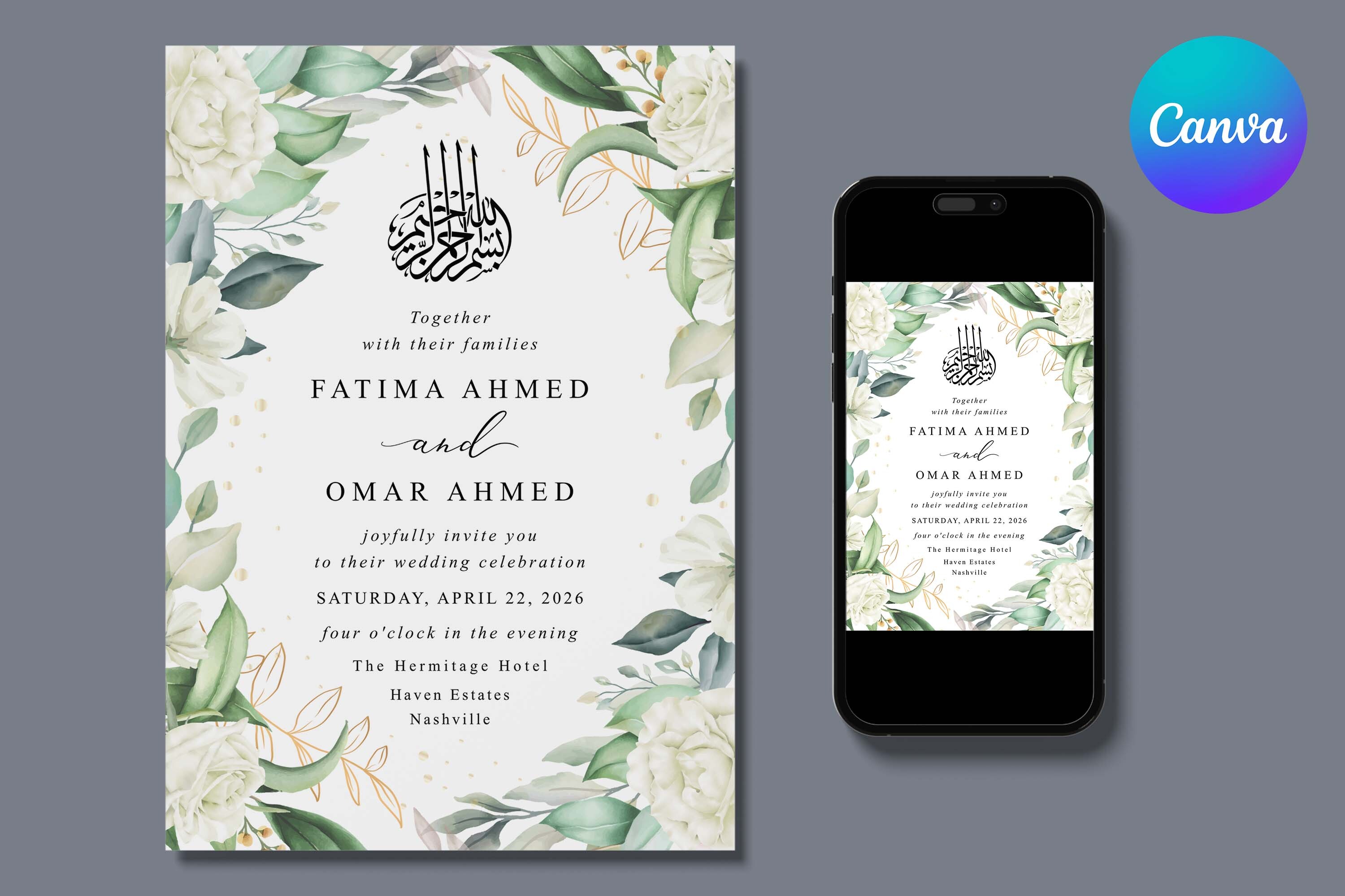 White Roses Islamic Wedding Invitation