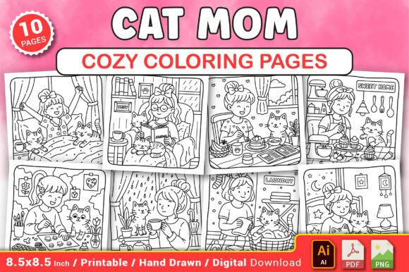 Cat Mom Cozy Coloring Pages