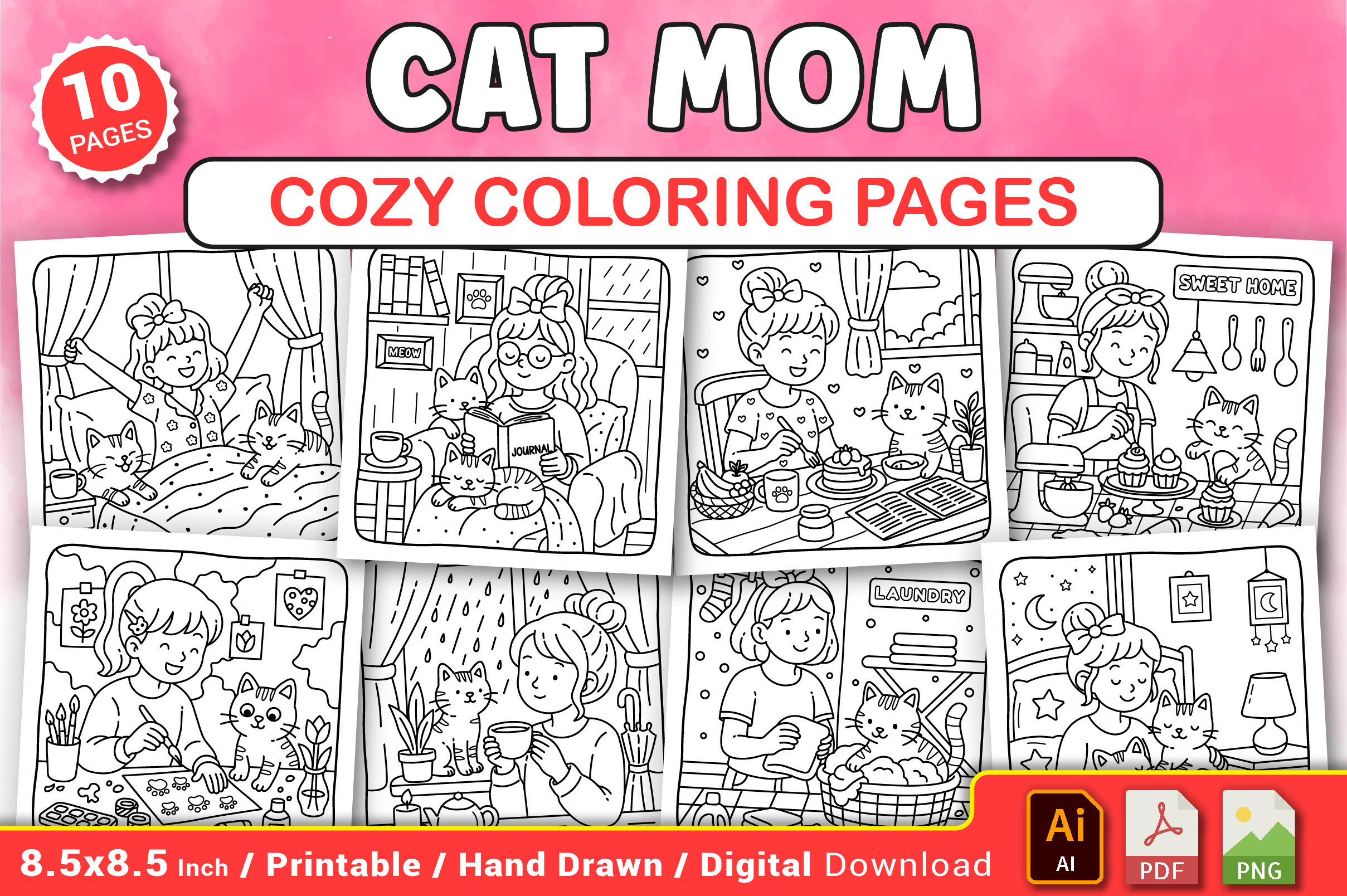 Cat Mom Cozy Coloring Pages