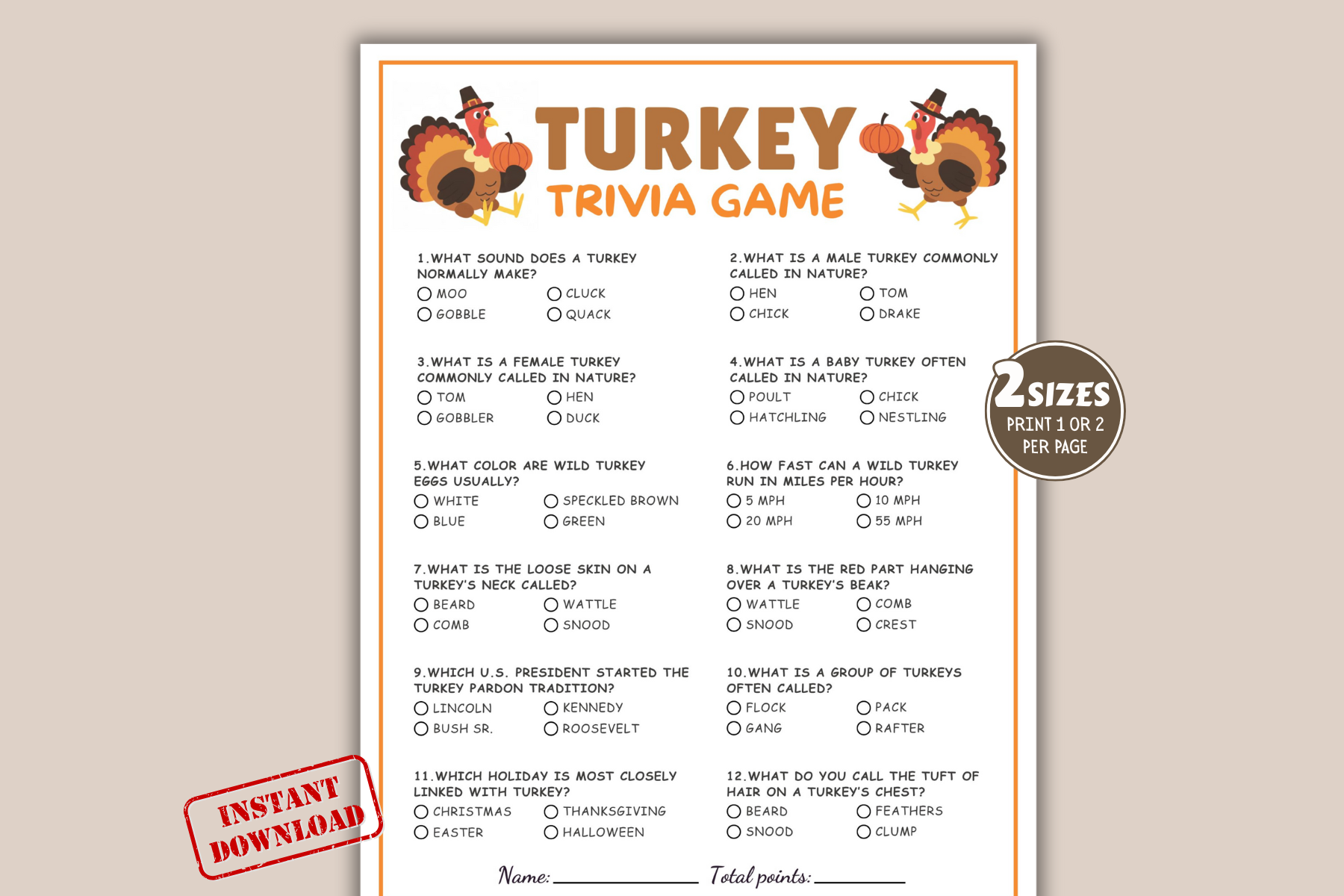 Fall Thanksgiving Turkey Trivia Game