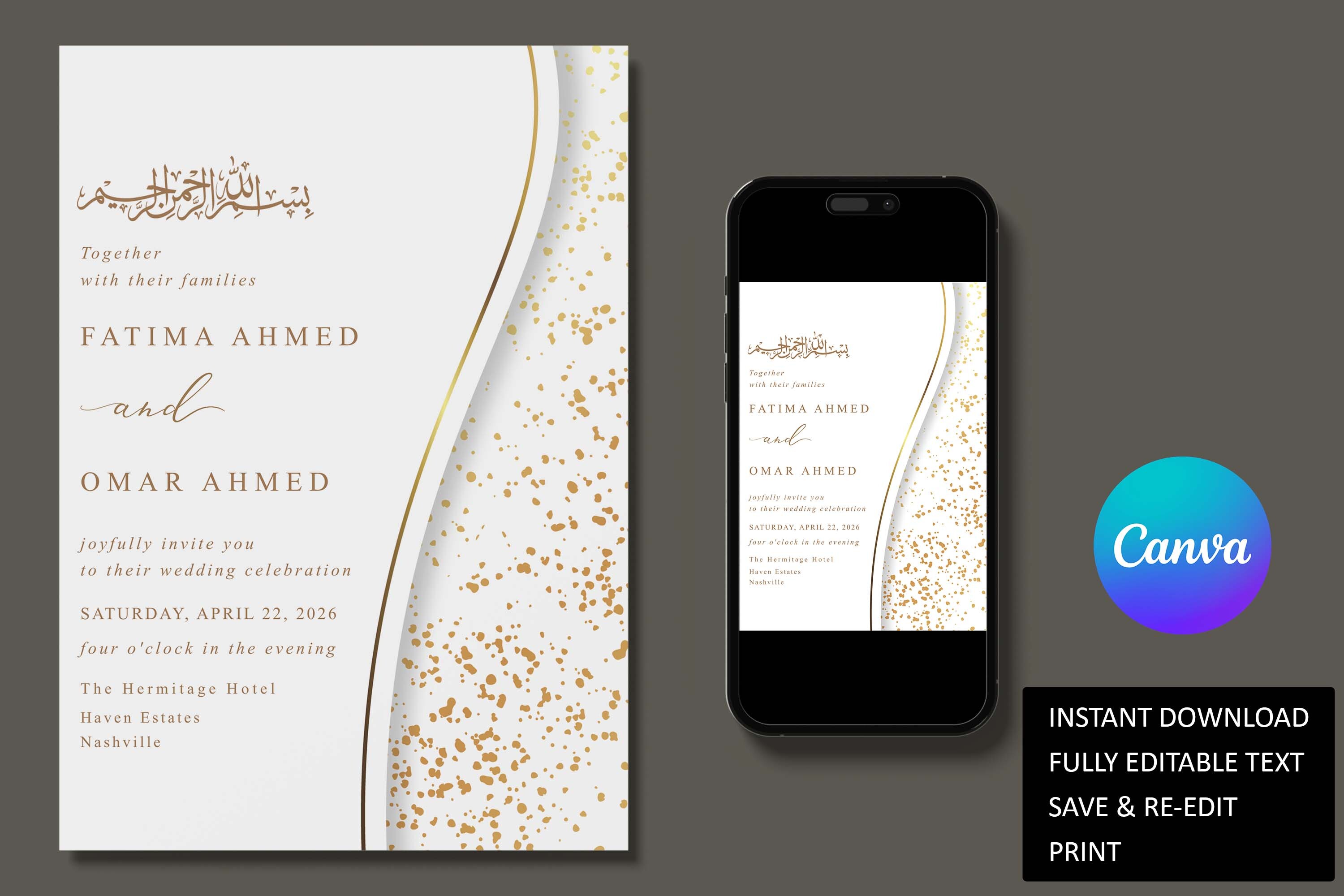 Gold Glitter Islamic Wedding Invitation